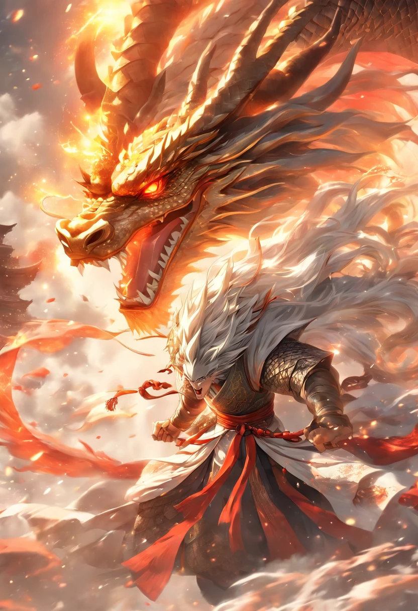 Dynamic Lighting, Art Station, Poster, Volume Lighting, Very Detailed Faces, 4k Wallpaper, Award-Standing, 1 Girl with White Hair, Long Flowing Hair, Ponytail, Fringed Hair Ornament, Dynamic Perspective, White Hanfu, White Gauze Flying, Red Belt, Sexy, Traditional Chinese Ink Painting, Surrounded by Clouds and Mist, Mist, Riding a White Dragon Dragon Head, Stroking the Dragon Head, White Dragon Horns, Dynamic Perspective, Movie Lighting,