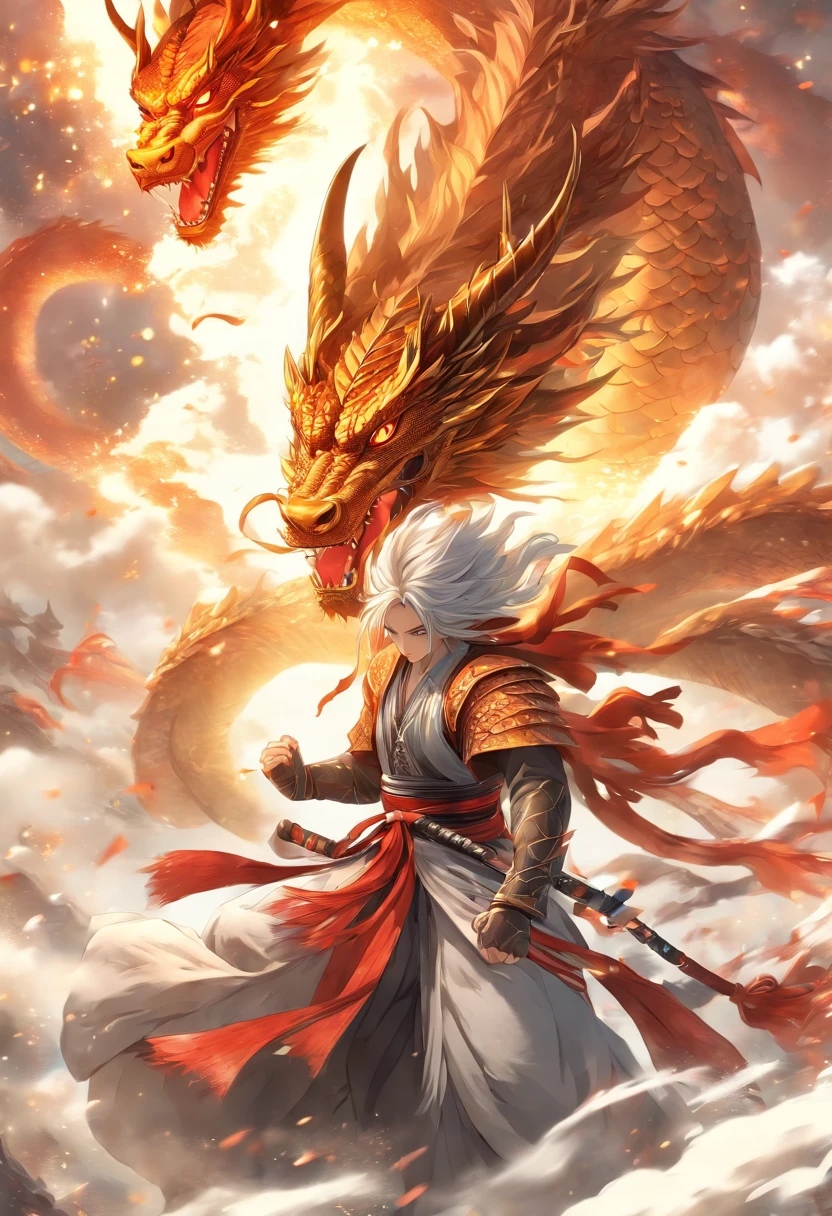 Dynamic Lighting, Art Station, Poster, Volume Lighting, Very Detailed Faces, 4k Wallpaper, Award-Standing, 1 Girl with White Hair, Long Flowing Hair, Ponytail, Fringed Hair Ornament, Dynamic Perspective, White Hanfu, White Gauze Flying, Red Belt, Sexy, Traditional Chinese Ink Painting, Surrounded by Clouds and Mist, Mist, Riding a White Dragon Dragon Head, Stroking the Dragon Head, White Dragon Horns, Dynamic Perspective, Movie Lighting,