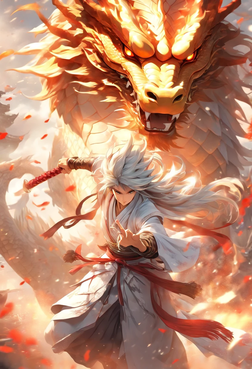Dynamic Lighting, Art Station, Poster, Volume Lighting, Very Detailed Faces, 4k Wallpaper, Award-Standing, 1 Girl with White Hair, Long Flowing Hair, Ponytail, Fringed Hair Ornament, Dynamic Perspective, White Hanfu, White Gauze Flying, Red Belt, Sexy, Traditional Chinese Ink Painting, Surrounded by Clouds and Mist, Mist, Riding a White Dragon Dragon Head, Stroking the Dragon Head, White Dragon Horns, Dynamic Perspective, Movie Lighting,
