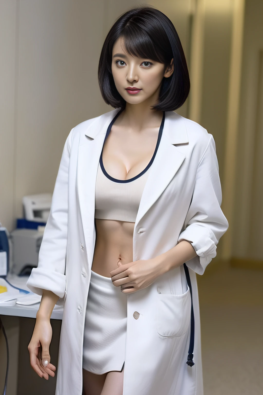 (clinic、hospitals、drapes)、(Female Doctor Y、Dressed in a white coat、Career Woman、Intelligent)、(masterpiece、top-quality、high-level image quality)、爆乳、cleavage of the breast、Functional、sexy pose、(A Japanese Lady、Sexy actress、30-years old)、(Perfect and complete anatomy、Beautiful and complete limbs、Healthy flesh、Beautiful skin)、(Women who do not make medical errors)、short-hair、bangss、Dark hair、Sparkling hair、(Attractive bust、Tight waist circumference、Seductive hips)、Fascinate below the knee、stethoscope、Medical Instruments、Professional filming、Medical drama films、(a white world)、