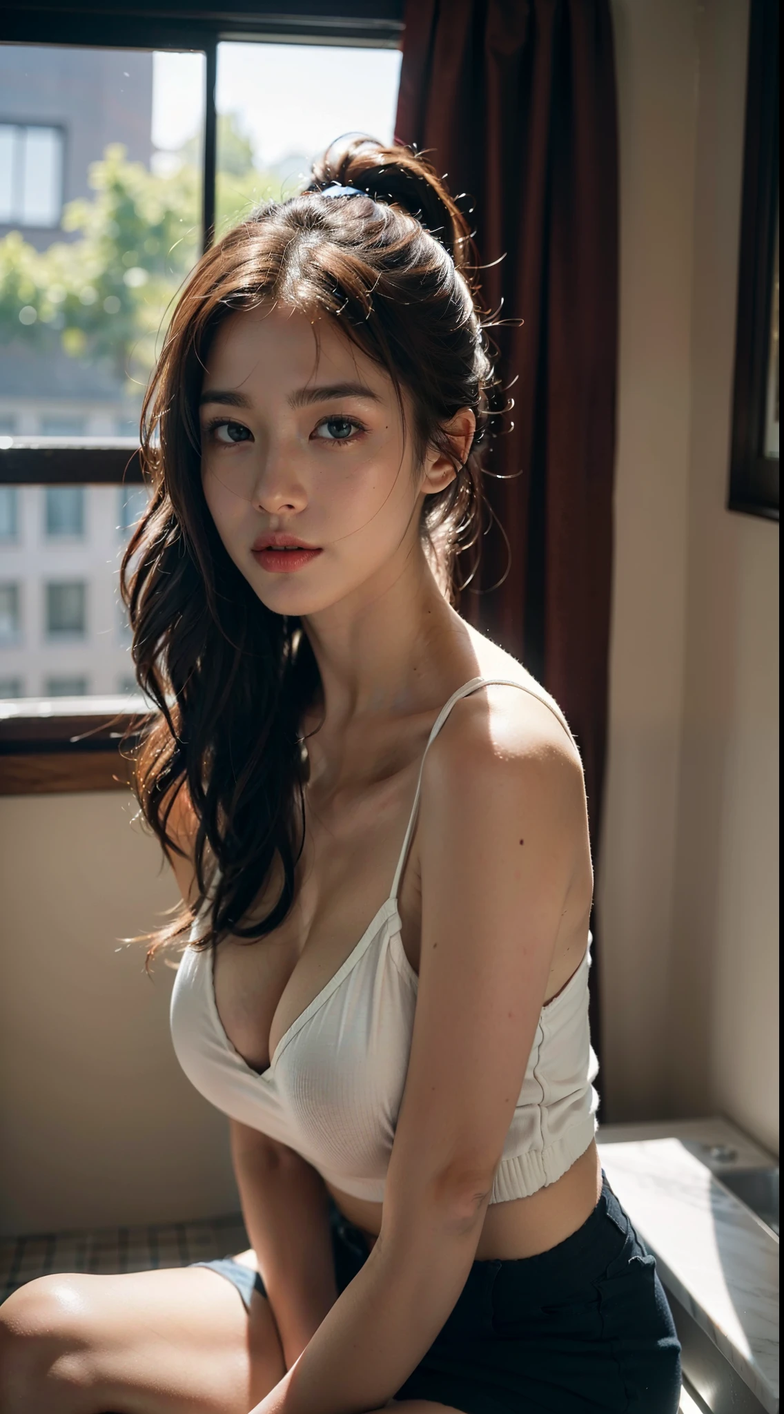 very beautifull girl. super cute face. 25 years old girl. (RAW photo, 4k, masterpiece, high res, extremely intricate) (photorealistic:1.4), dark cinematic dark lighting, sexy pose, sexy casual outfit. low light. long hair. brown hair. wavy ponytail hair. big boobs. sagging boobs.
1girl, solo focus, summer noon, hot, 1990s \(style\),cowboy shot, in bathroom. Windows.