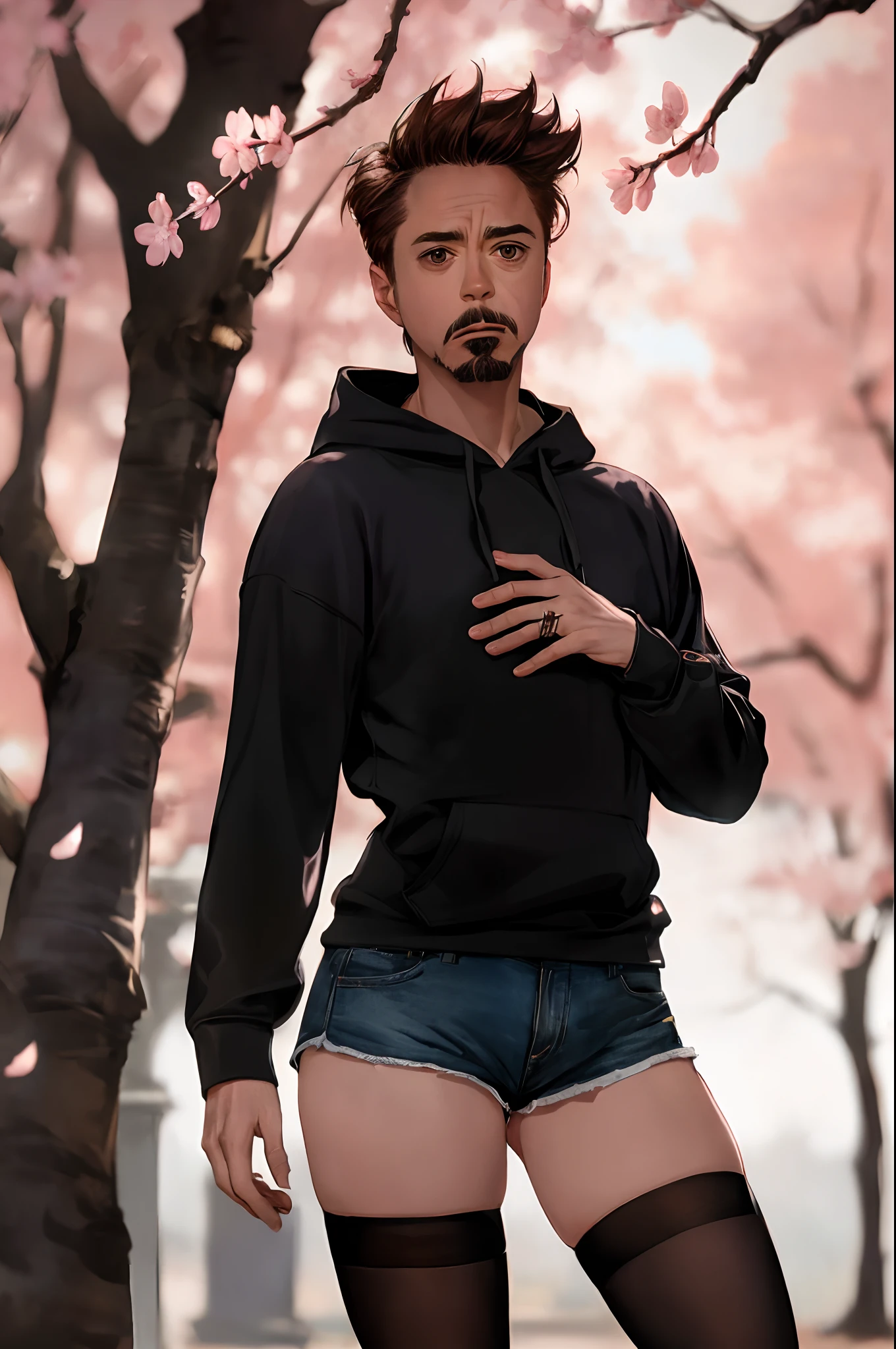 Robert Downey as a  girl, hoodie, tiny shorts, waist-high black tights, exposed thighs, very fair skin, Robert Downey's haircut, Mustache and goatee, Temple of Saolin, cherry blossom , Indirect lighting, volumetric light, hyper-detailed, Captured by Panavision Panaflex Platinum