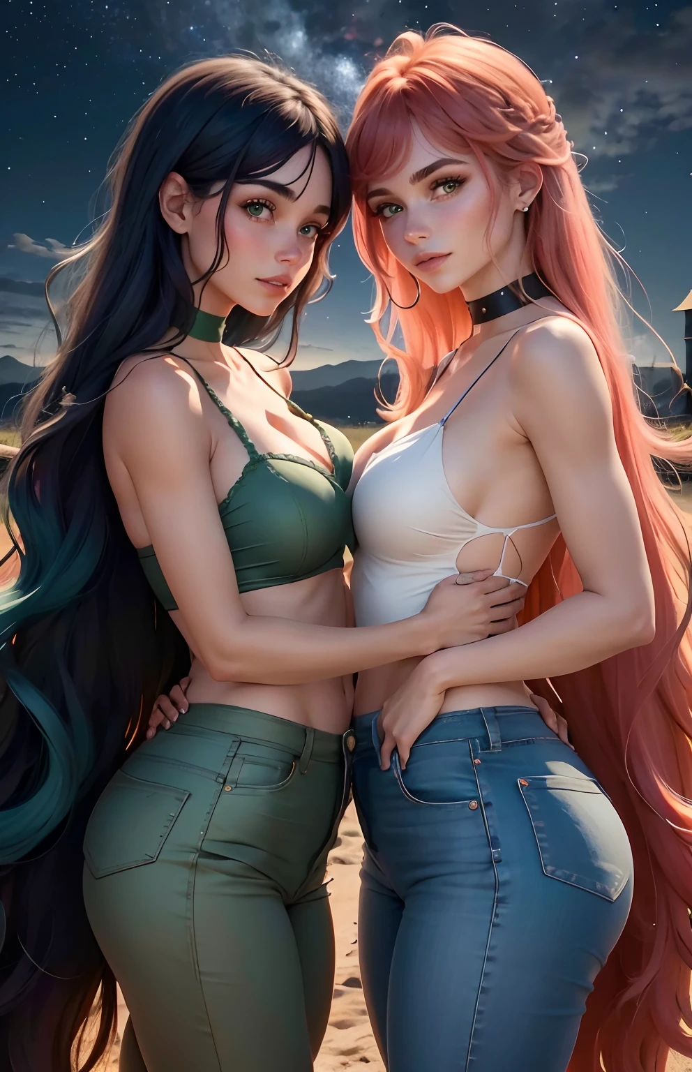 melhor qualidade, realista. 2 garotas de costas uma para a outra, uma garota tem cabelo laranja/ruivo vermelho fogo. A outra garota tem cabelos pretos/verde com mechas azuis. They are dressed in pants/ saia jeans e cropped, The English girls stand in front of a medieval castle, night and starry sky. It's night the night sky is starry