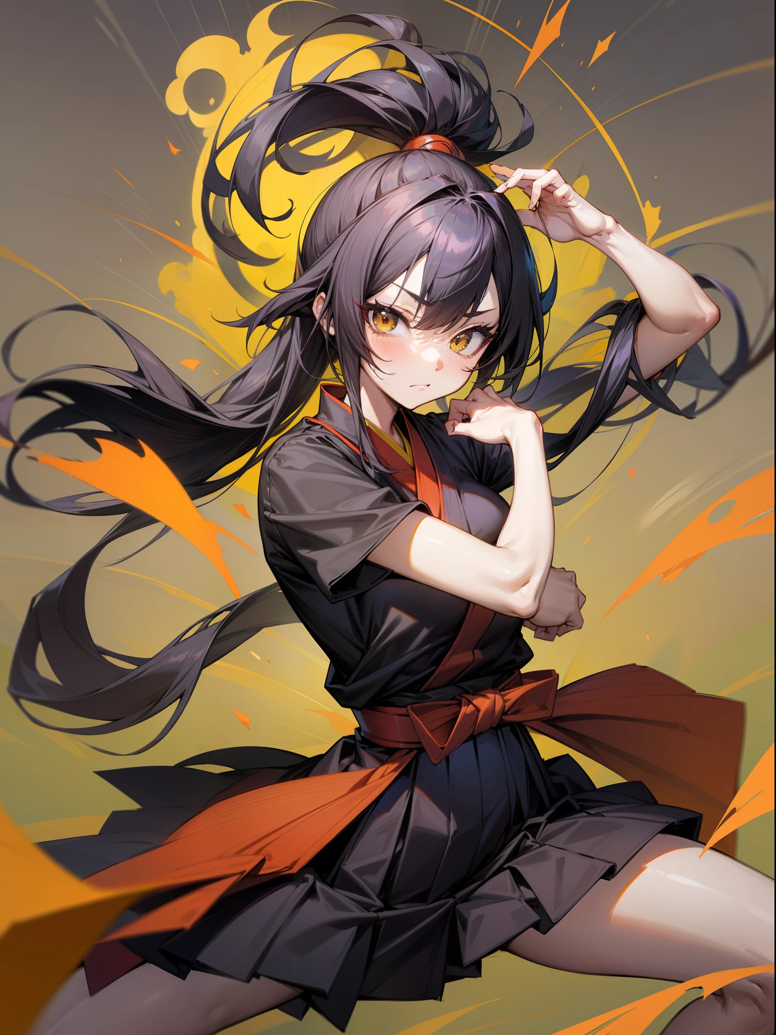 (masutepiece, Best Quality),Bat Magic Swing, (Hug like a peng:1.3),Fighting stance,1girl in, battoujutsu stance, Spread legs, Samurai, Juhetang, Cowboy Shot, Looking at Viewer,Break Girl, Komono, Black Hakama, Black hair, High Ponytail, Long hair, Yellow eyes, medium breasts, chest sarashi,Break Background, Edo , castle