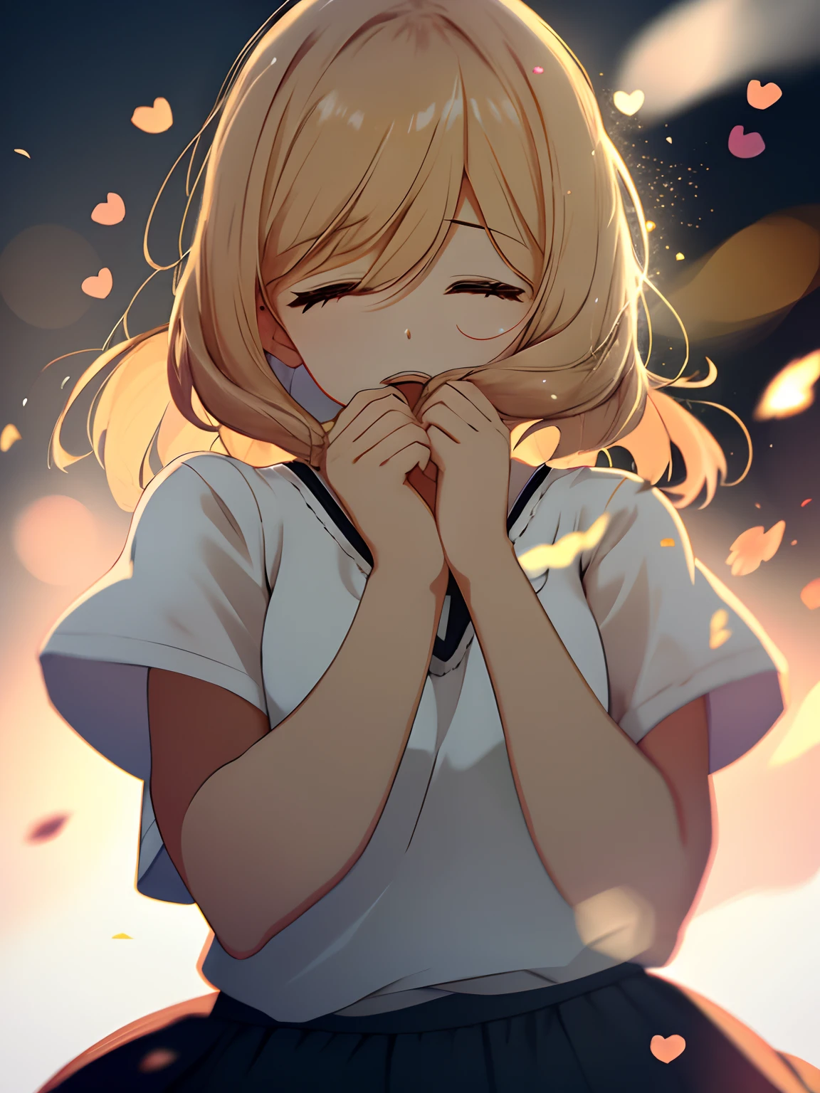 A girl, wearing a short-sleeved skirt, upper body, (confused: 1.1), (open eyes: 1.2), bright light, background bokeh, depth of field, blurred background, light particles, strong wind, (heart particles: 1.1)