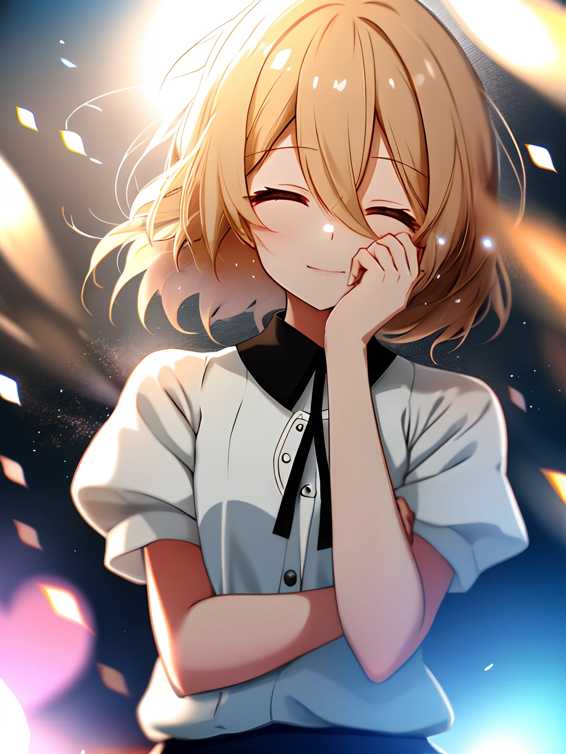 A girl, wearing a short-sleeved skirt, upper body, (nervous: 1.1), (open eyes: 1.2), bright light, background bokeh, depth of field, blurred background, light particles, strong wind, (heart particles: 1.1)