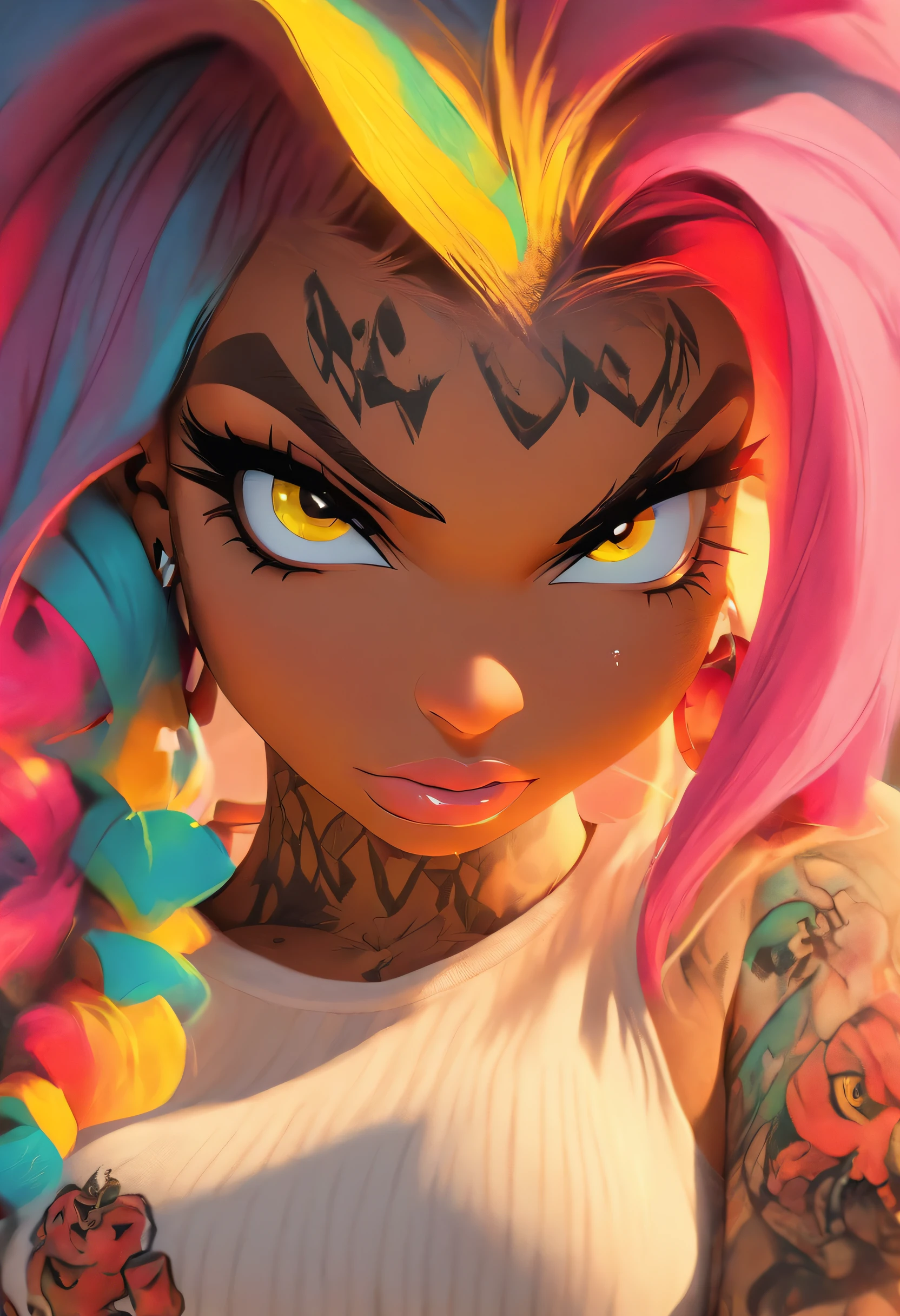 The most beautiful and sexy punk rock girl, rainbow colored hair, yellow eyes, dark skin, wearing a hoodie, graphic t-shirt and torn skinny jeans, tons of tattoos and piercings, perfect masterpiece, high quality, high resolution, arafed woman with tattoos and piercings posing in a white shirt, bombshell, gorgeous female, cardi b, clothed in white shirt, fully tattooed body, gorgeous woman, official product photo, better known as amouranth, gorgeous beautiful woman, tattooed body, full product shot, amouranth, dressed in a white t shirt, beautiful model