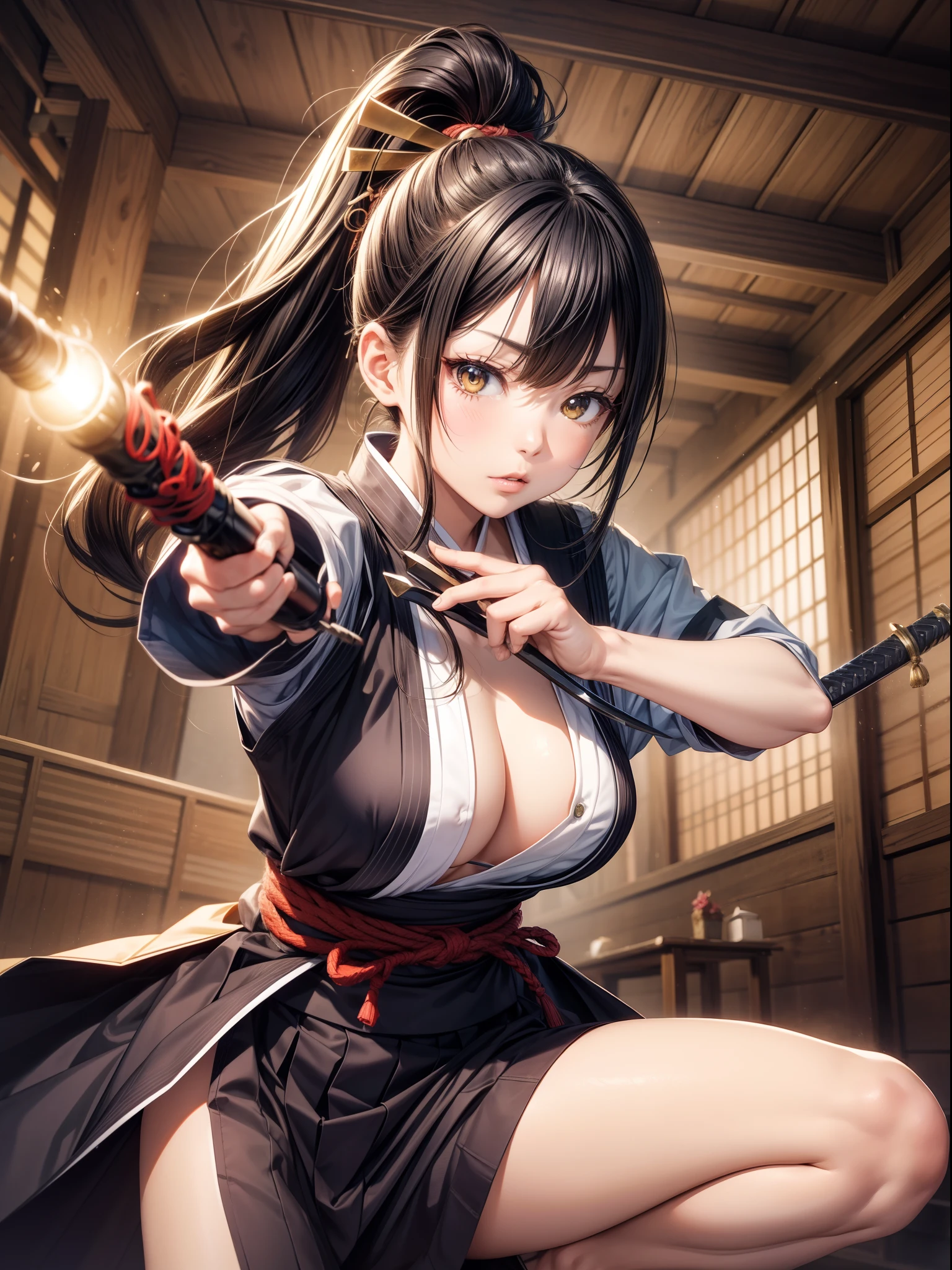 (masterpiece, best quality),Detailed hand、detailed finger、battōjutsuswing, (holding weapen:1.3),fighting stance,1girl, battoujutsu stance, spread legs, samurai, iaidou, cowboy shot, looking at viewer,
break girl, japanese clothes, black hakama, black hair, high ponytail, long hair, yellow eyes, medium breasts, chest sarashi,break background, edo , castle