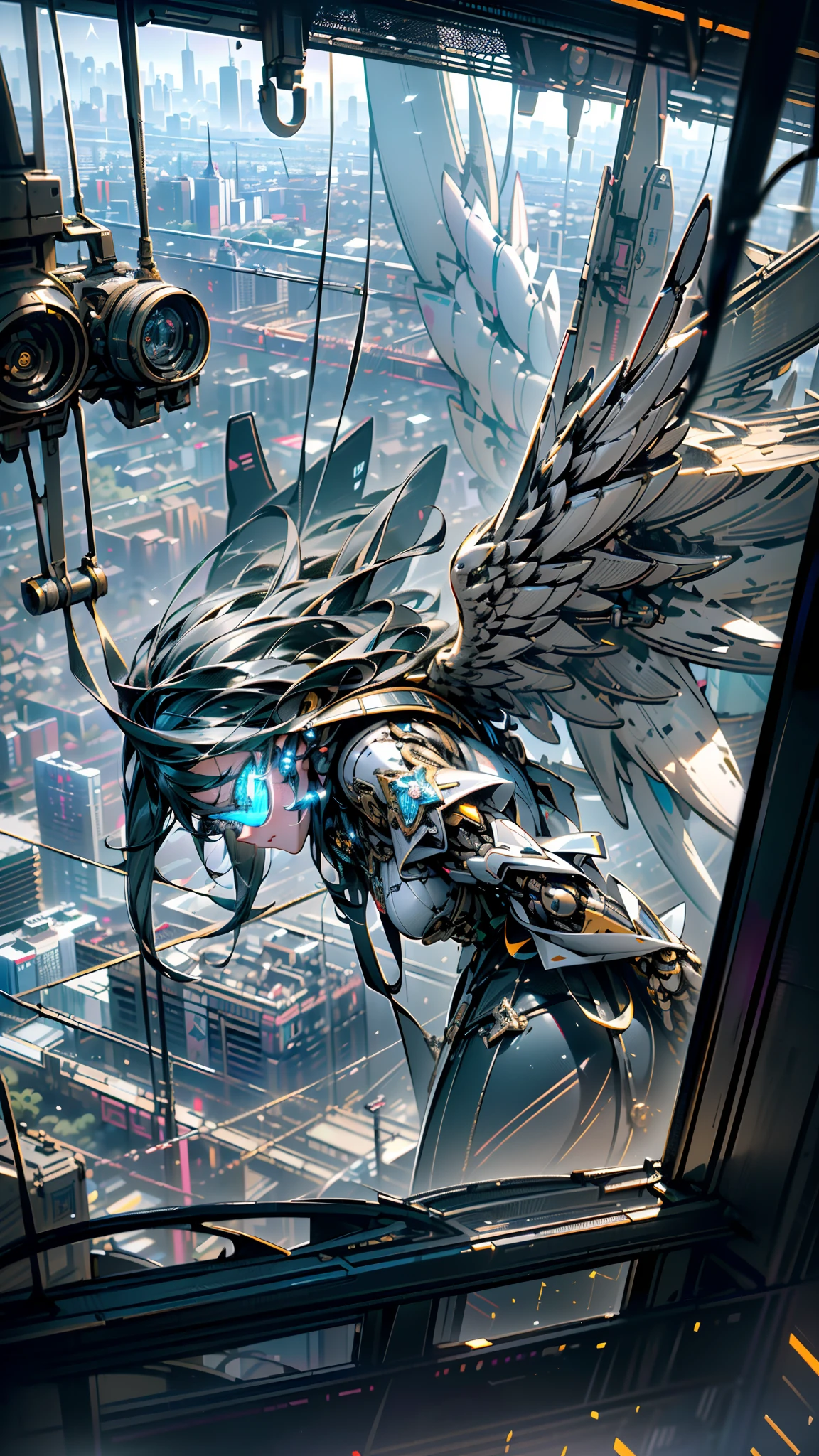 tmasterpiece，best qualtiy，highest  quality，ultra - detailed，Best resolution，8K，CG，illustration，realisticlying，aerial perspective，(Surrealist tech metropolis:1.2)，(The mech girl flew over the city:1.2)，(Mechanical wings with a sense of technology:1.3)，Transparent Goggles，Glowing tech mech，Beautiful facial features，Detailed facial details