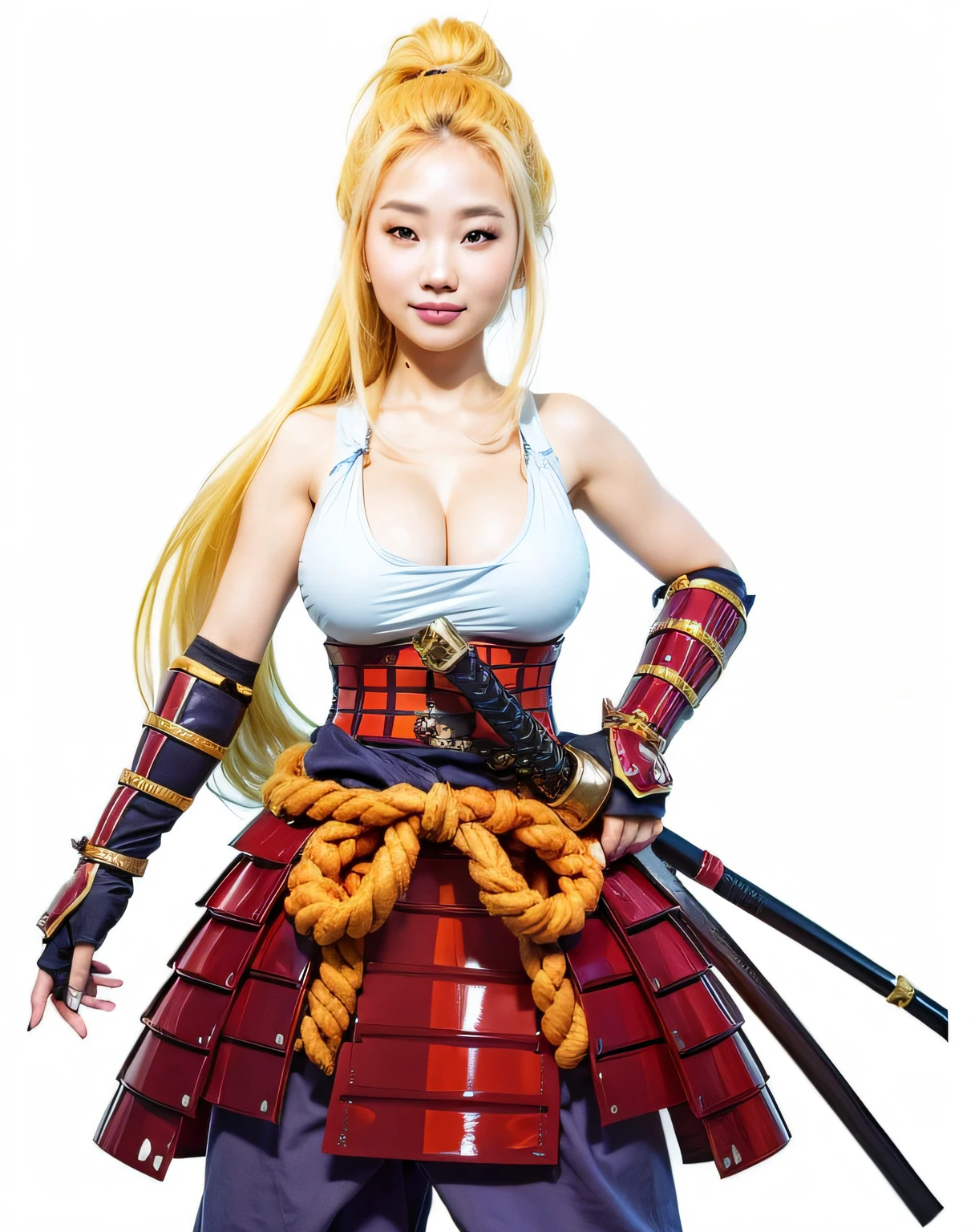 a pretty asian woman smiling with big boobs and yellow hair carrying two samurai swords with thick orange ropes wrapped around her waist, ultra realistic, high quality, detailed face