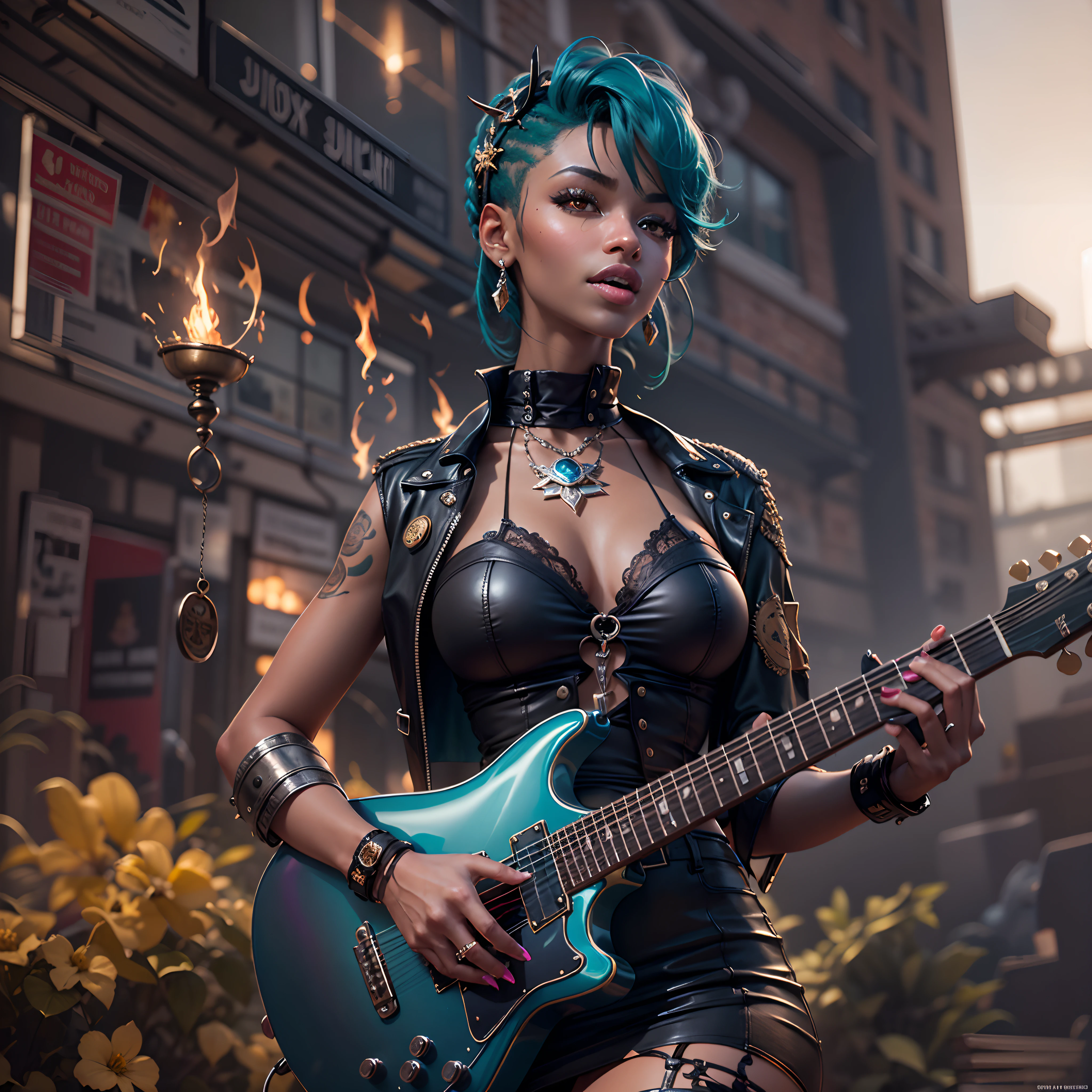 portrait,1girl,guitar,Psychedelic punk style,extremely colorful,trending on artstationh, blue hair, two braids, magenta eyes, smile, topless, torso, 1girl, blue hair, clouds arm tattoo, twin braids, magenta eyes, denim tanga, belt, cowboy boots, cowboy hat, electric guitar, black bass, bass between legs, fishnet pantyhose, jinx (league of legends), guitar girl, full body, bare torso, topless ,Jinx, naked, concert background, black guitar, micro bikini, motorhead logo in hat, lemmy kilmister, night, concert scenario, flames around