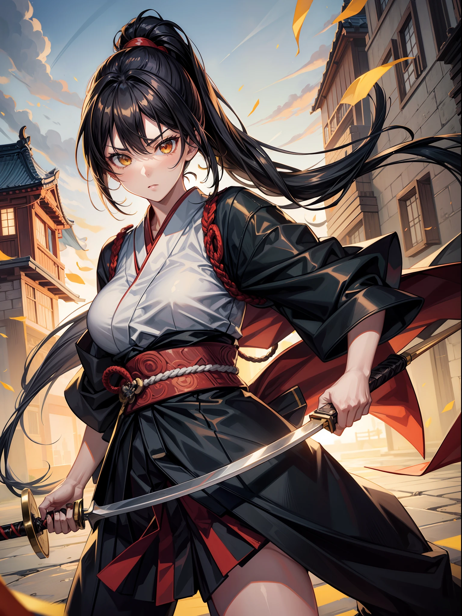 (masterpiece, best quality),
battōjutsuswing, (holding weapen:1.3),fighting stance,
1girl, battoujutsu stance, spread legs, samurai, iaidou, cowboy shot, looking at viewer,
break girl, japanese clothes, black hakama, black hair, high ponytail, long hair, yellow eyes, medium breasts, chest sarashi,
break background, edo , castle