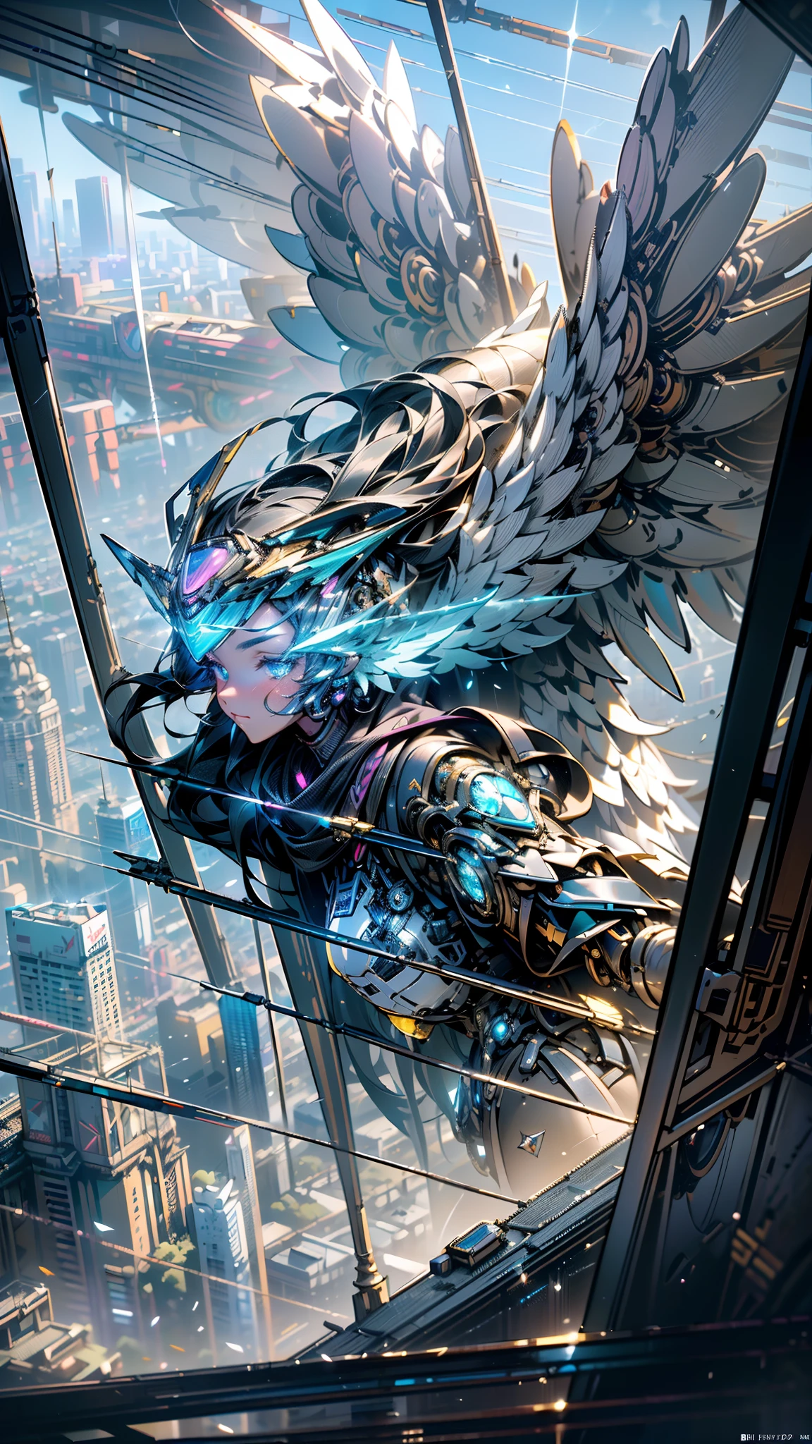 tmasterpiece，best qualtiy，highest  quality，ultra - detailed，Best resolution，8K，CG，illustration，realisticlying，aerial perspective，(Surrealist tech metropolis:1.2)，(The mech girl flew over the city:1.2)，(Mechanical wings with a sense of technology:1.3)，Transparent Goggles，Glowing tech mech，Beautiful facial features，Detailed facial details