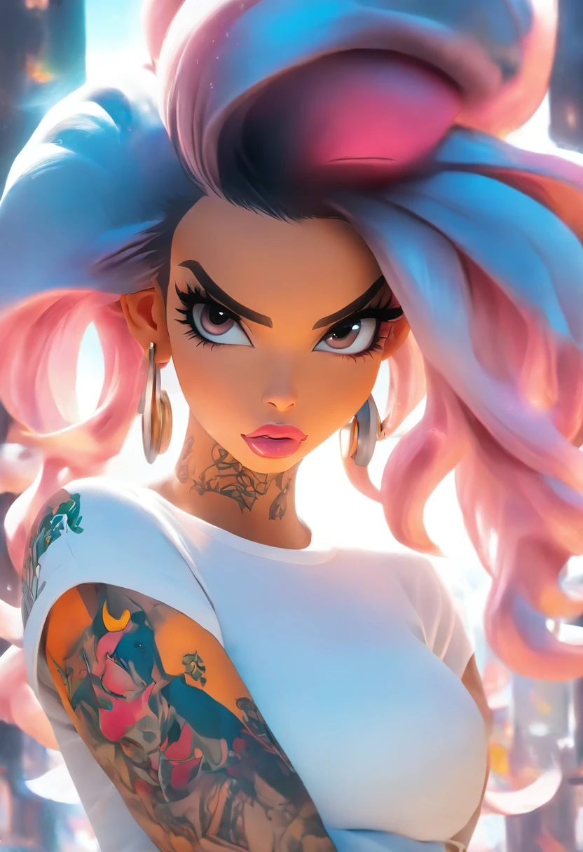 mullate girl anime: brosmind, high definition, rossdraws, boris vallejo, large format, arafed woman with tattoos and piercings posing in a white shirt, bombshell, gorgeous female, cardi b, clothed in white shirt, fully tattooed body, gorgeous woman, official product photo, better known as amouranth, gorgeous beautiful woman, tattooed body, full product shot, amouranth, dressed in a white t shirt, beautiful model
