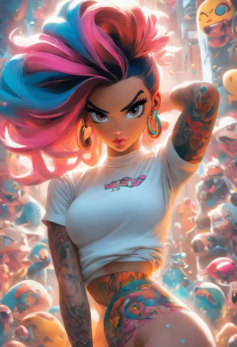 mullate girl anime: brosmind, high definition, rossdraws, boris vallejo, large format, arafed woman with tattoos and piercings posing in a white shirt, bombshell, gorgeous female, cardi b, clothed in white shirt, fully tattooed body, gorgeous woman, official product photo, better known as amouranth, gorgeous beautiful woman, tattooed body, full product shot, amouranth, dressed in a white t shirt, beautiful model