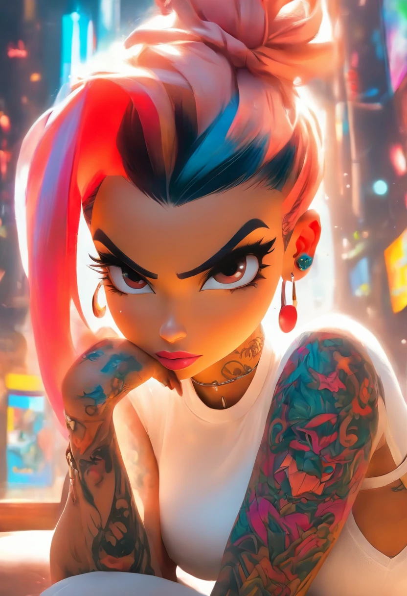 mullate girl anime: brosmind, high definition, rossdraws, boris vallejo, large format, arafed woman with tattoos and piercings posing in a white shirt, bombshell, gorgeous female, cardi b, clothed in white shirt, fully tattooed body, gorgeous woman, official product photo, better known as amouranth, gorgeous beautiful woman, tattooed body, full product shot, amouranth, dressed in a white t shirt, beautiful model