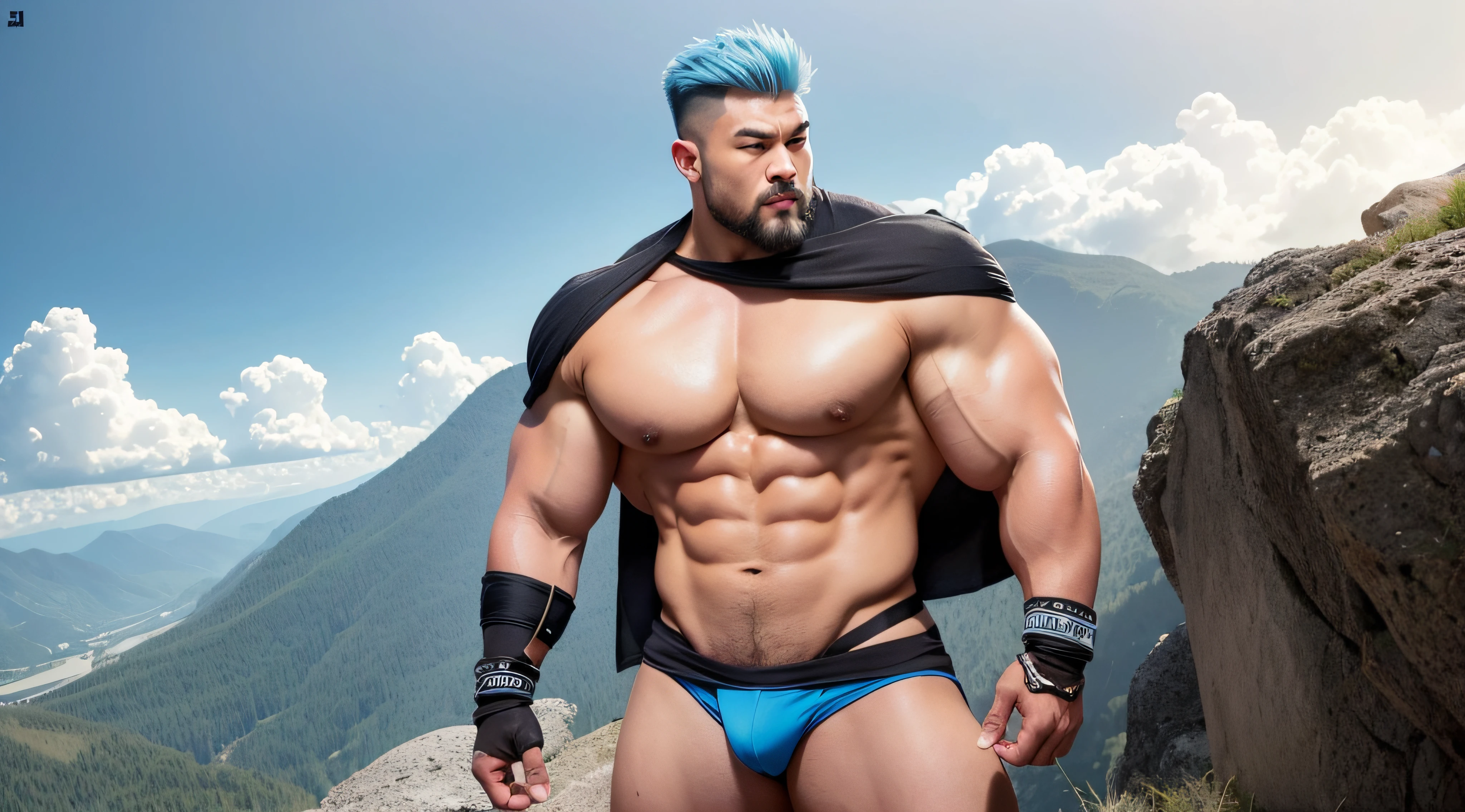 A Chinese bodybuilder has short light blue hair, Standing on a mountain peak，There are rainbows in the sky, Short beard perfect figure with tattoos, Very huge and strong body, Bulging muscles, musculous, Very large pectoral muscles，Very sexy abs，The legs are muscular，Tall and mighty，Exposed Body，Tall and burly，toned figure，Huge raised genital area，Brightens oily skin，Muscular。