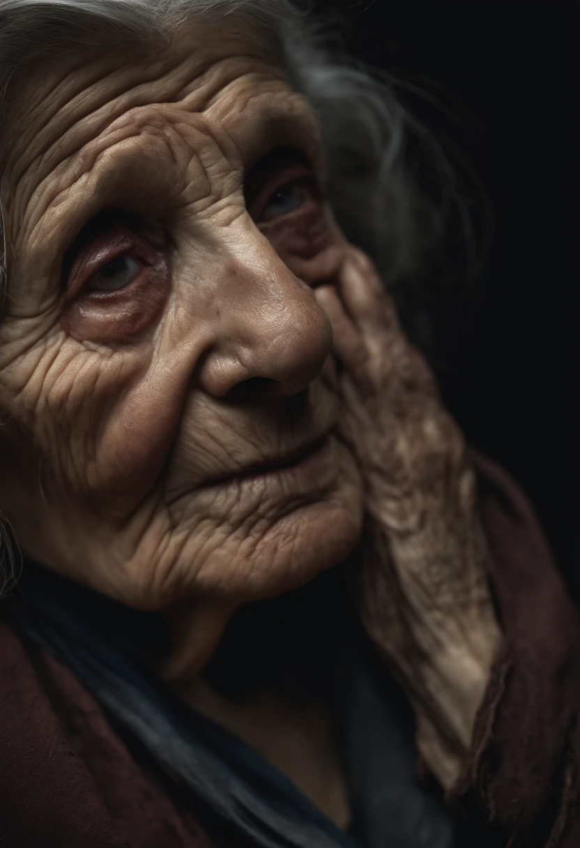 elderly woman, withered, blind in both eyes, torn clothes, dry skin, detailed, eyes forward, horror film, all dark background, battered, realistic, 8k