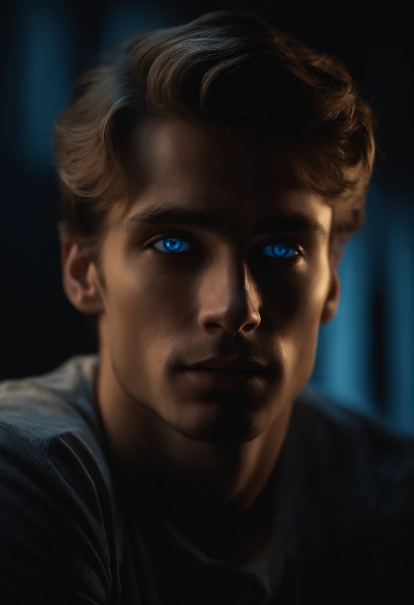 Handsome guy with intense blue eyes is sitting in a completely dark room. There's a lit candle 30 centimeters away from his face, illuminating his beautiful features. Photorealistic style. 8k resolution. Very detailed.