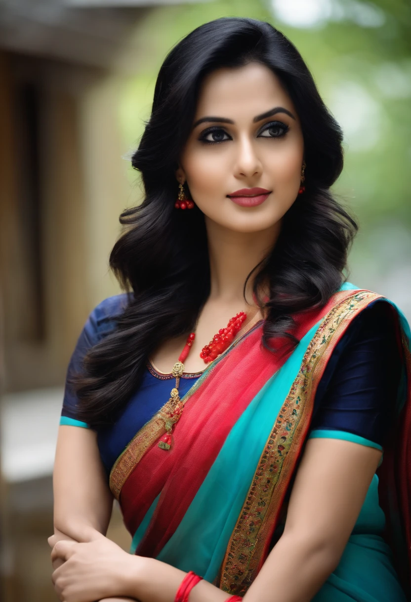 Shizuka in blue saree, black hair in different color blouse and red tip