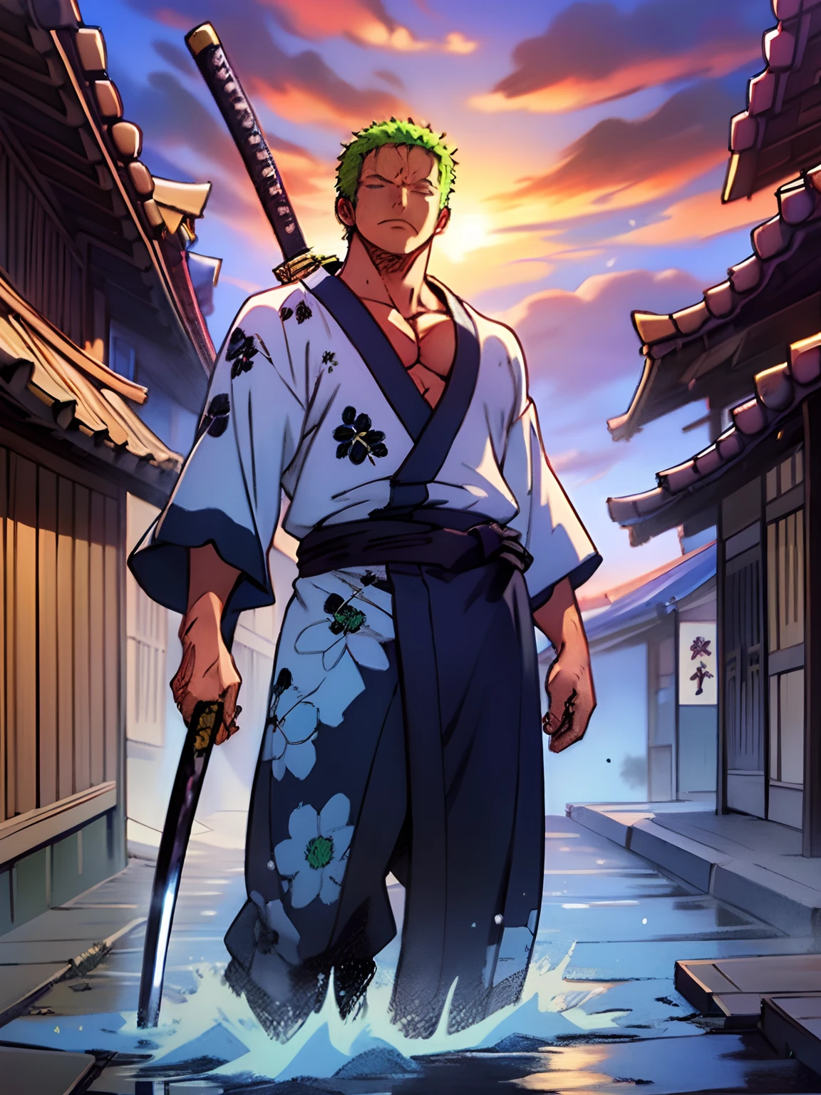 Roronoa Zoro (Masterpiece, 4k resolution, ultra-realistic, very detailed), (Theme of white samurai, charismatic, there is a swordsman next to a Japanese "isakaya" bar, wearing a blue kimono with cloud details on the "obi" track, he is commander of the first division of the leader of the mugiwara band, work "One Piece"), [ ((19 years), (short green hair:1.2),  full body, (blue eyes:1.2), ((Roronoa Zoro's pose), show of strength, unsheathing with one hand his katanas enma), ((Japanese rural environment):0.8)| (rural landscape, at dusk, dynamic lights), (blinded sun)), 1 katana]. # Explanation: Prompt mainly describes a 4k painting of ultra-high definition, very realistic, very detailed. It shows a swordsman, master of the Santoryu style of katanas, wearing a blue kimono with cloud details at the waist band. The subject in the painting is a subject of a white swordsman, holding with one hand his black katana enma, the male protagonist has short green hair, is 19 years old and his entire defined body is shown in the painting, with characteristics of pumped endomorph.