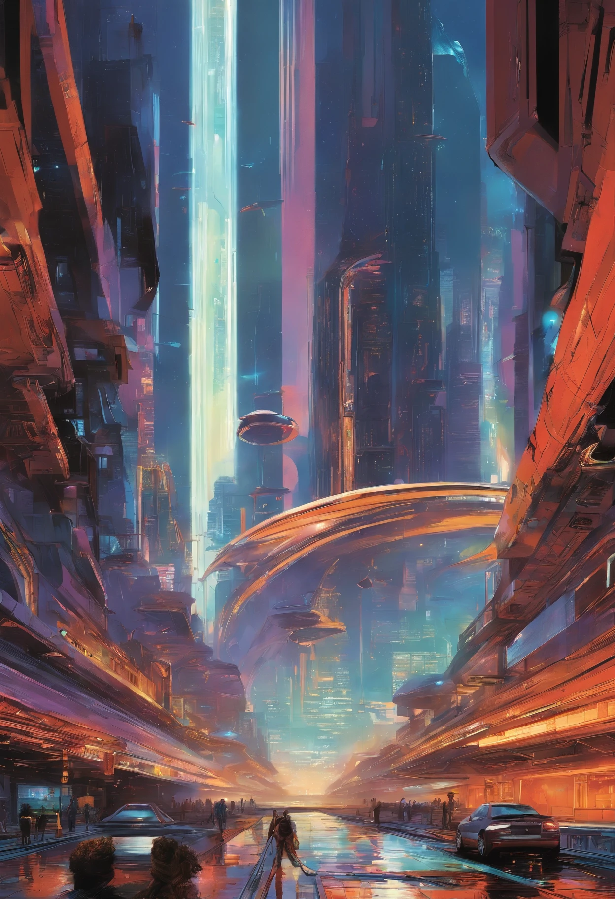 a sprawling futuristic cityscape, bustling with life and energy, set against a backdrop of gleaming skyscrapers that reach towards the heavens, futuristic transportation systems, such as hovering vehicles or high-speed trains, city is a harmonious blend of cutting-edge technology and organic elements, seamlessly integrating nature within its architecture,  ((sleek and polished aesthetic)) inspired by the works of futuristic concept artists like (Syd Mead), vibrant color palette that reflects the city's vibrancy, combining neon accents with bold primary colors and hints of natural tones, dynamic streets, wide-angle perspectives and dynamic angles, towering structures, ((extremely detailed)), (masterpiece),