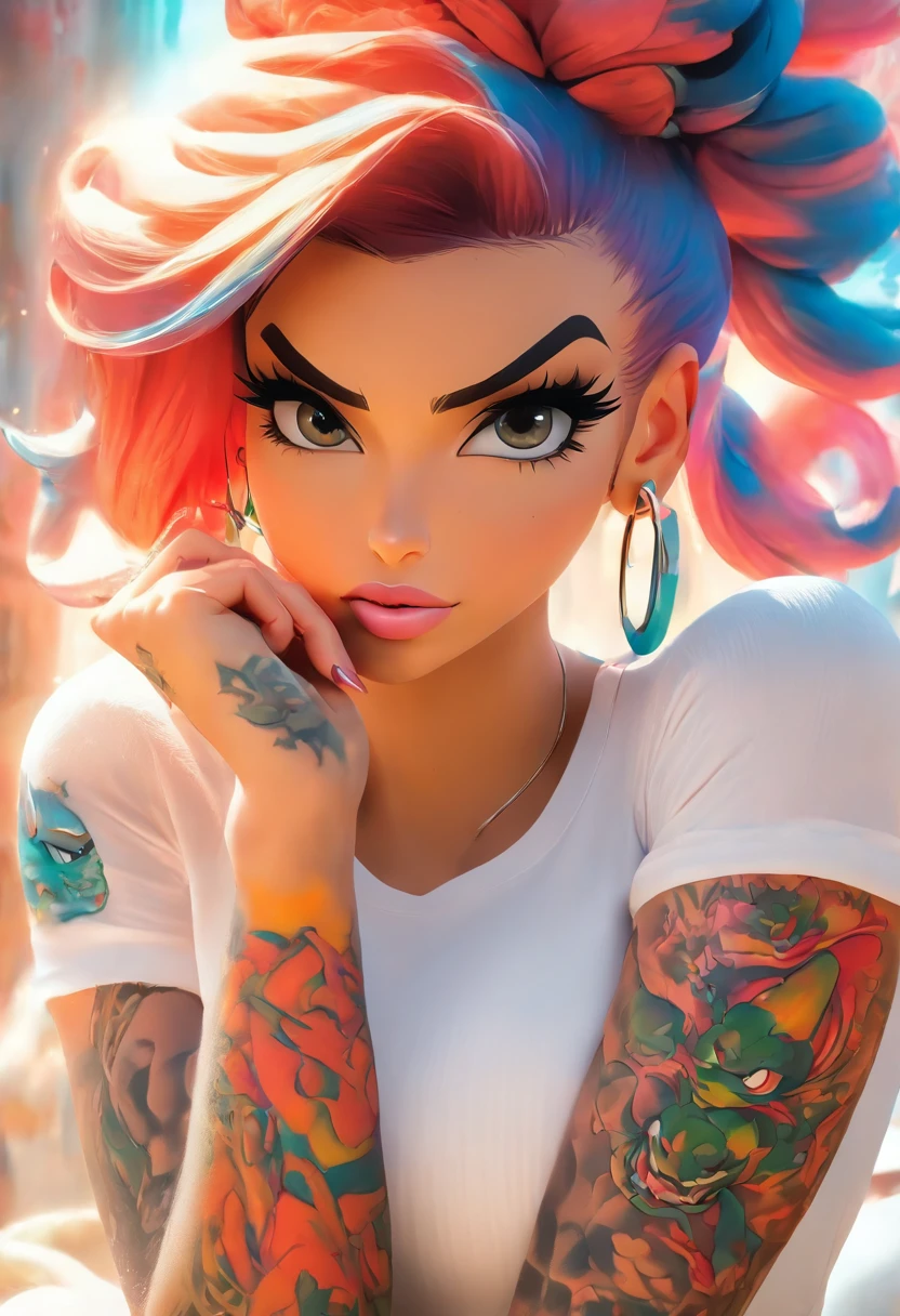 mullate girl anime: brosmind, high definition, rossdraws, boris vallejo, large format, arafed woman with tattoos and piercings posing in a white shirt, bombshell, gorgeous female, cardi b, clothed in white shirt, fully tattooed body, gorgeous woman, official product photo, better known as amouranth, gorgeous beautiful woman, tattooed body, full product shot, amouranth, dressed in a white t shirt, beautiful model