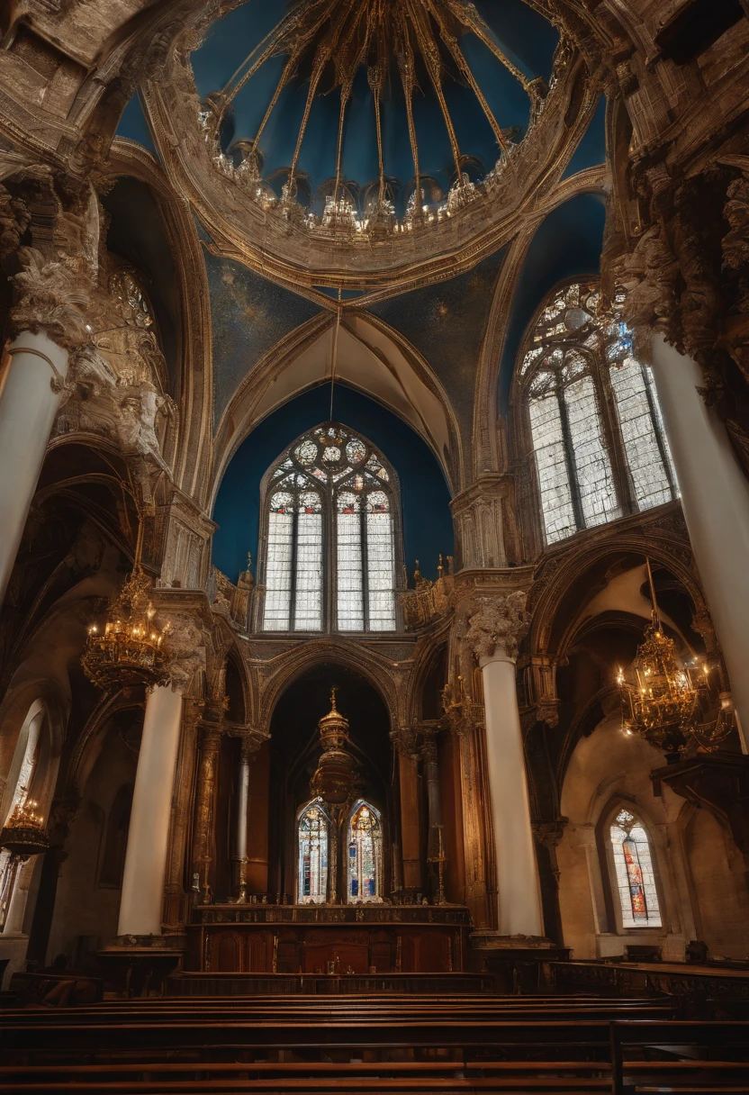 There is a church in contantinopola,e, Castelo steampunk real, Magnificent Gothic architecture, angle of view, in a panoramic view, tiro largo, atmosphric perspective, Wide-Angle, arquitetura de interiores, gothic art, Classicismo, master part, Super Detalhe,telhado azul