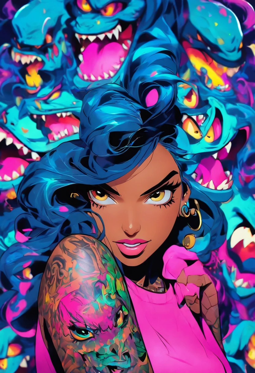Monster Girl, Full Slime Body, colors neon, risa loca, malvada, arafed woman with tattoos and piercings posing in a white shirt, bombshell, gorgeous female, cardi b, clothed in white shirt, fully tattooed body, gorgeous woman, official product photo, better known as amouranth, gorgeous beautiful woman, tattooed body, full product shot, amouranth, dressed in a white t shirt, beautiful model