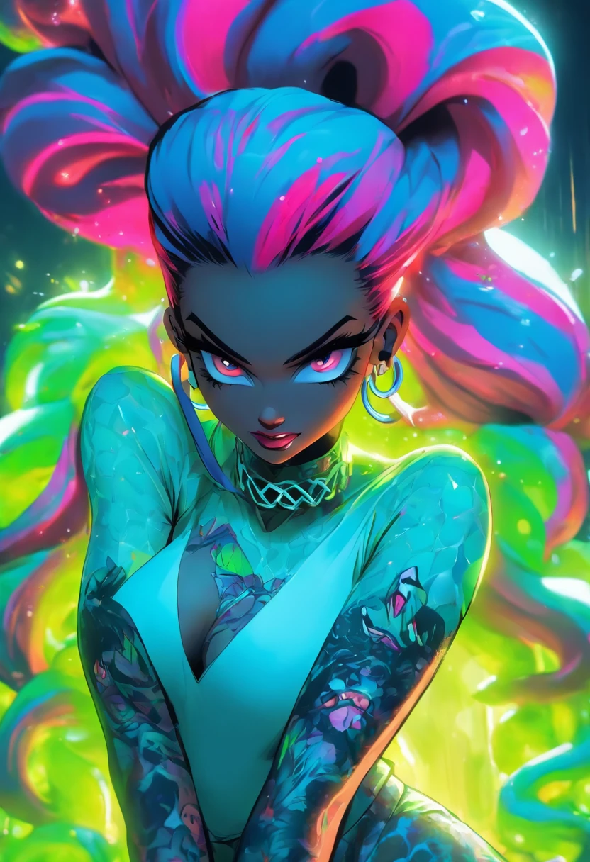 Monster Girl, Full Slime Body, colors neon, risa loca, malvada, arafed woman with tattoos and piercings posing in a white shirt, bombshell, gorgeous female, cardi b, clothed in white shirt, fully tattooed body, gorgeous woman, official product photo, better known as amouranth, gorgeous beautiful woman, tattooed body, full product shot, amouranth, dressed in a white t shirt, beautiful model