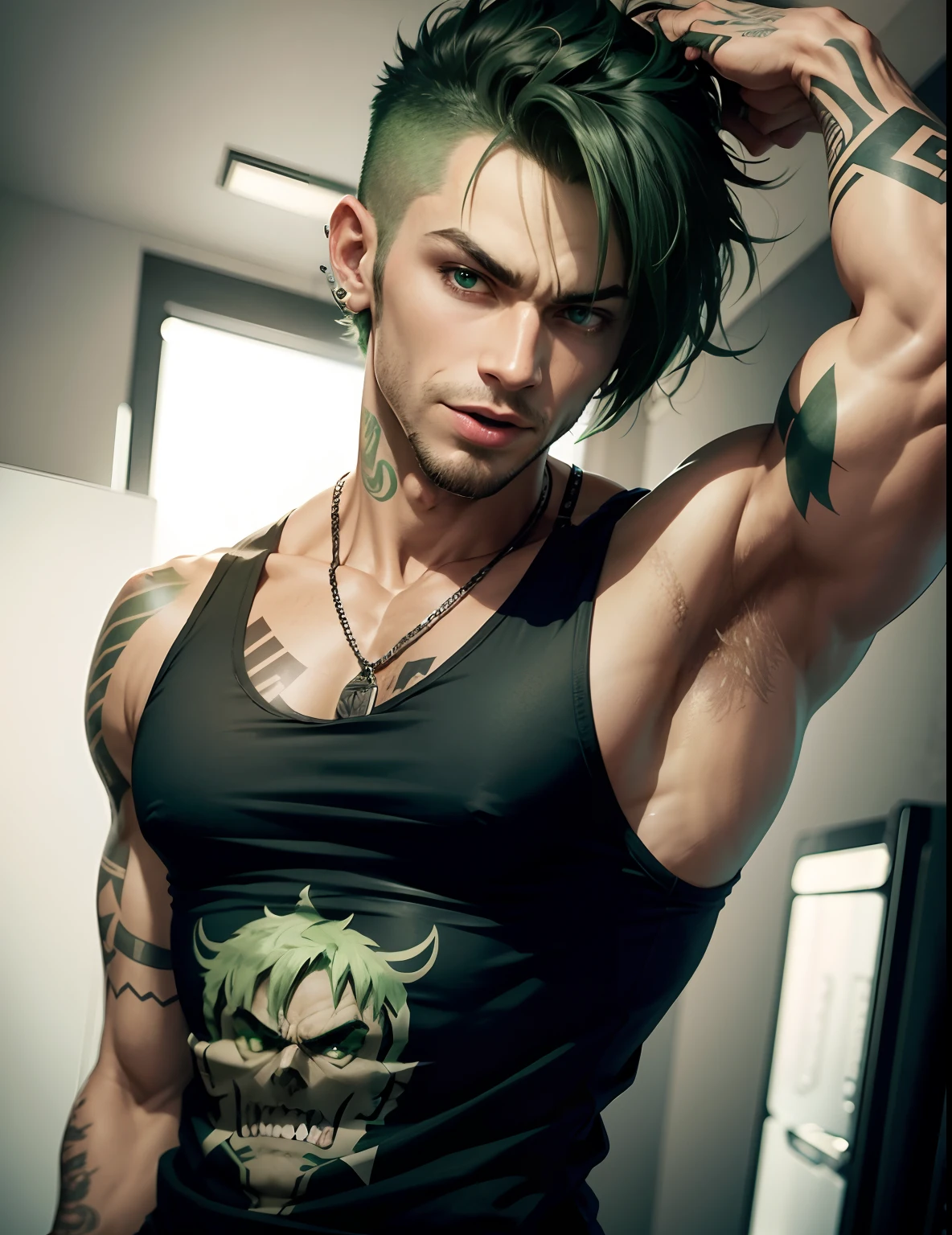 1guy, solo, sticking tongue out, green eyes, green hair, short hair, muscular, tattoos, black tank top, smug, punk, best quality, high quality, highly detailed