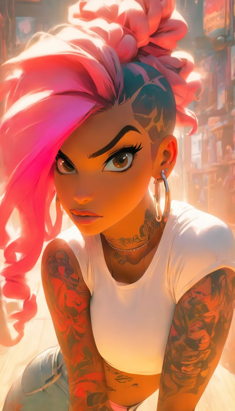 Ultra-detailed portrait of ShoalBeat's 1girl in leggings, a sports bra, an off-shoulder jacket, braids and a hairband, in the gym with a cowboy shot pose, pink hair, symbol-shaped eyes, sweat and wet skin, with a water bottle, by Makoto Shinkai, Katsuhiro Otomo, Thomas Kinkade, Greg Rutkowski, Mike Mignola and Ismail Inceoglu., arafed woman with tattoos and piercings posing in a white shirt, bombshell, gorgeous female, cardi b, clothed in white shirt, fully tattooed body, gorgeous woman, official product photo, better known as amouranth, gorgeous beautiful woman, tattooed body, full product shot, amouranth, dressed in a white t shirt, beautiful model