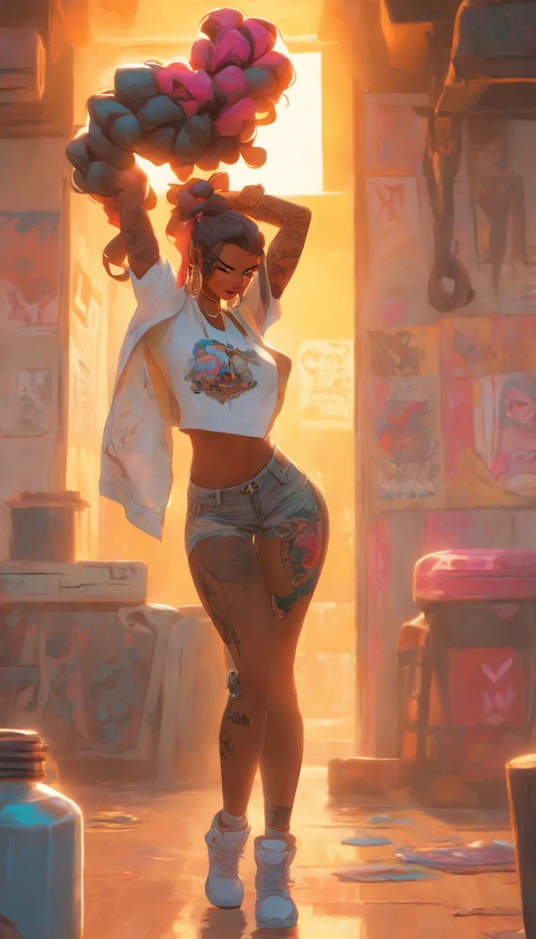 Ultra-detailed portrait of ShoalBeat's 1girl in leggings, a sports bra, an off-shoulder jacket, braids and a hairband, in the gym with a cowboy shot pose, pink hair, symbol-shaped eyes, sweat and wet skin, with a water bottle, by Makoto Shinkai, Katsuhiro Otomo, Thomas Kinkade, Greg Rutkowski, Mike Mignola and Ismail Inceoglu., arafed woman with tattoos and piercings posing in a white shirt, bombshell, gorgeous female, cardi b, clothed in white shirt, fully tattooed body, gorgeous woman, official product photo, better known as amouranth, gorgeous beautiful woman, tattooed body, full product shot, amouranth, dressed in a white t shirt, beautiful model