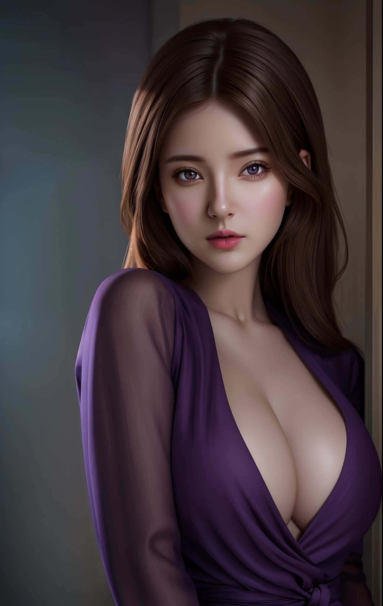 (hyperrealistic), (illustration), (high resolution), (8K), (extremely detailed), (best illustration), (beautiful detailed eyes), (best quality), (ultra-detailed), (masterpiece), (wallpaper), (photorealistic), (natural light), (rim lighting), (detailed face), (high detailed realistic skin texture), (anatomically correct), (solo), (1 girl), (high detailed realistic hair), (dark purple hair:1.3), (heterochromic eyes), (detailed eyes), (light brown eyes:1.37), (sparkling eyes), (realistic big breasts:1.5), (exposed nipples breasts:1.35), (long legs), (slender abs), (dynamic pose), (closed tiny mouth:1.3), nsfw, concentrated expression.