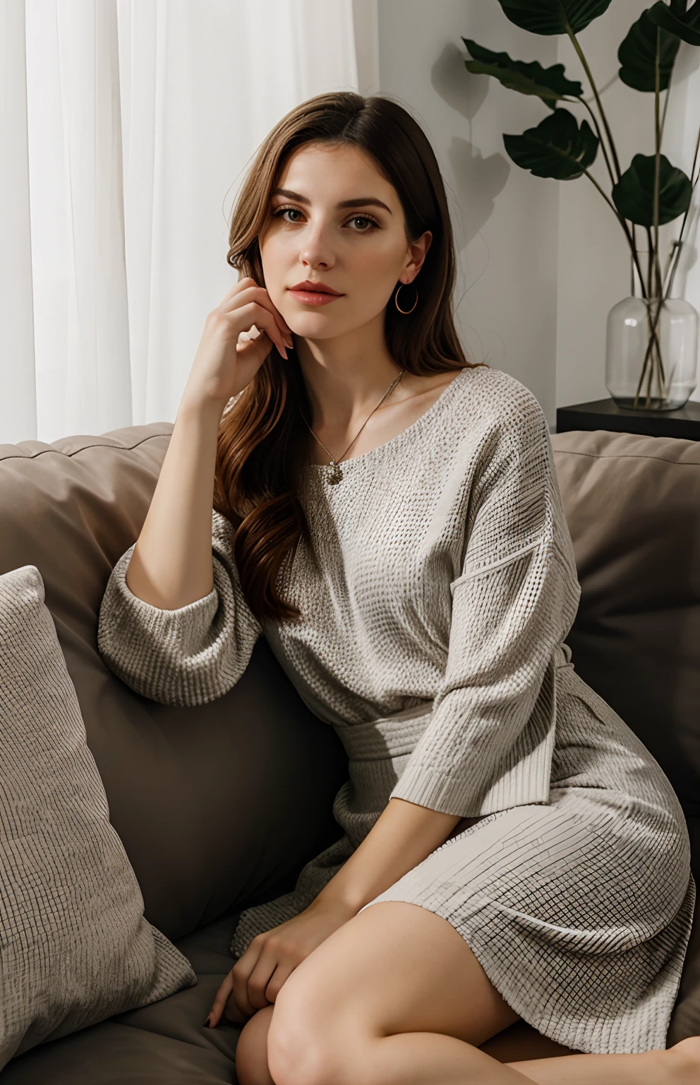 Woman sitting on a couch with her hand on her chin, hand on her chin, sentado com os pulsos juntos, Jovana Rikalo, Christina Kritikou, vestindo roupas casuais elegantes, Alina Ivanchenko, Serena Malyon, Karla Ortiz, mulher jovem sofisticada, inspired by Verónica Ruiz de Velasco, Mina Petrovic