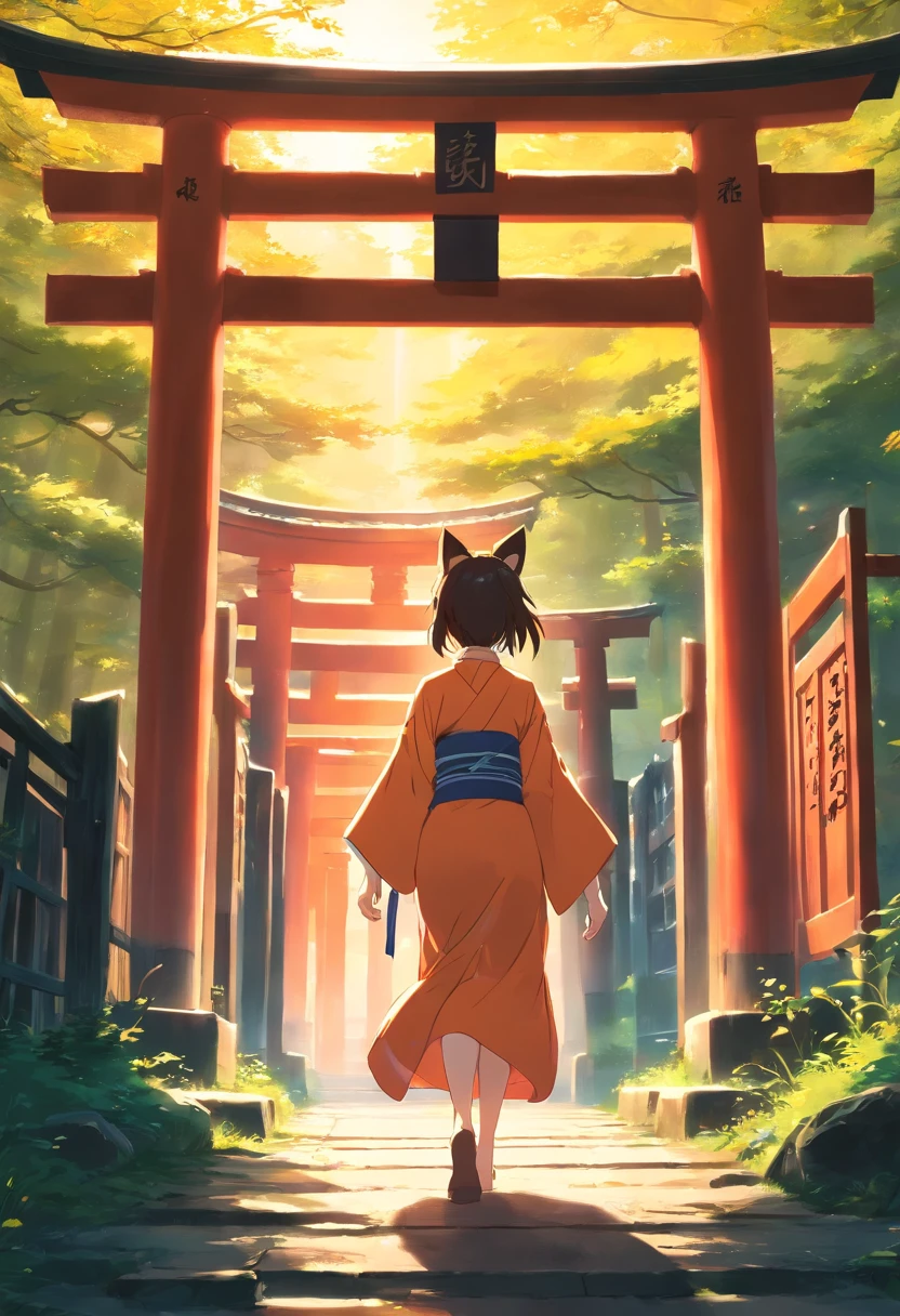 masterpiece, best quality, movie still, Footage of the kitsune main character passing through a mysterious torii gate