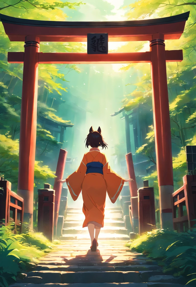masterpiece, best quality, movie still, Footage of the kitsune main character passing through a mysterious torii gate