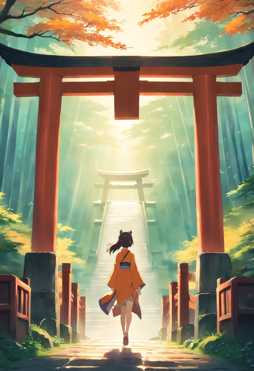 masterpiece, best quality, movie still, Footage of the kitsune main character passing through a mysterious torii gate