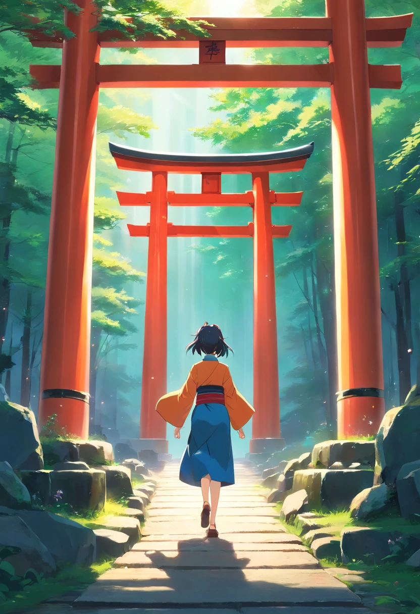 masterpiece, best quality, movie still, Footage of the kitsune main character passing through a mysterious torii gate