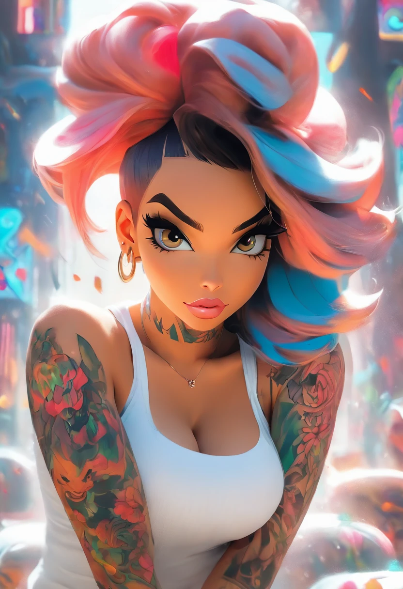 mullate girl anime: brosmind, high definition, rossdraws, boris vallejo, large format, arafed woman with tattoos and piercings posing in a white shirt, bombshell, gorgeous female, cardi b, clothed in white shirt, fully tattooed body, gorgeous woman, official product photo, better known as amouranth, gorgeous beautiful woman, tattooed body, full product shot, amouranth, dressed in a white t shirt, beautiful model