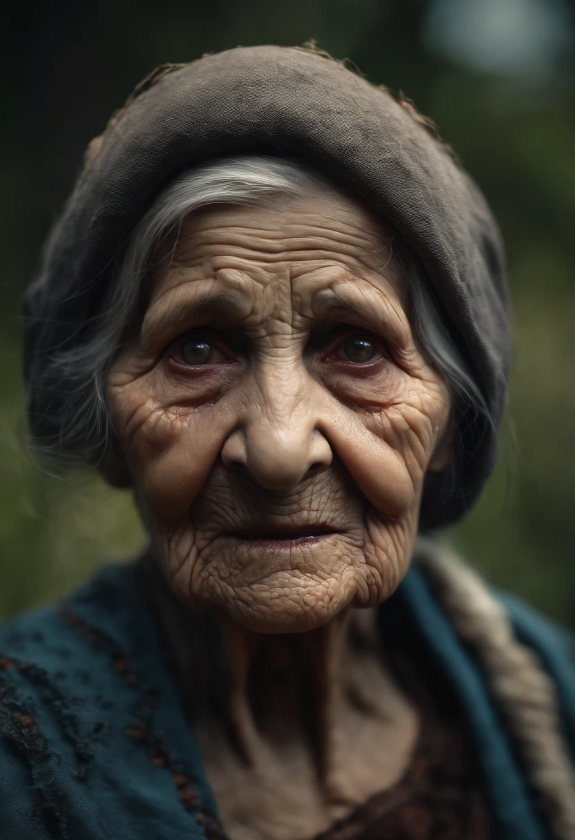 (best quality,4k,8k,highres,masterpiece:1.2),ultra-detailed,(realistic,photorealistic,photo-realistic:1.37),horror film,old woman,90 years old,withered,macabre face,torn clothes,dry skin,detailed,eyes forward,all dark background,battered,8k
