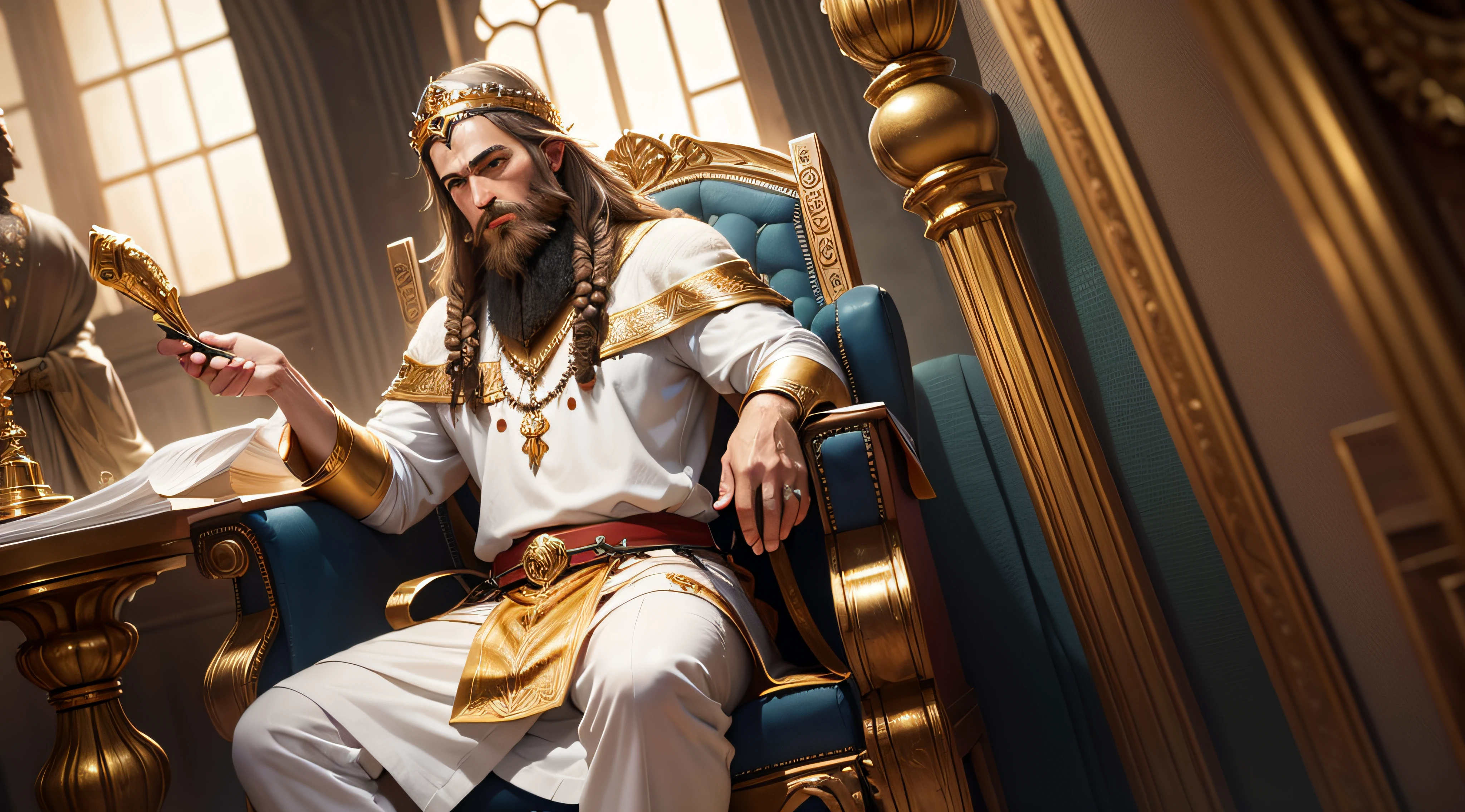 KING Solomon, Vestindo roupas longas e finas, Barba e cabelos grisalhos, Sentado em um trono, com ouro e prata