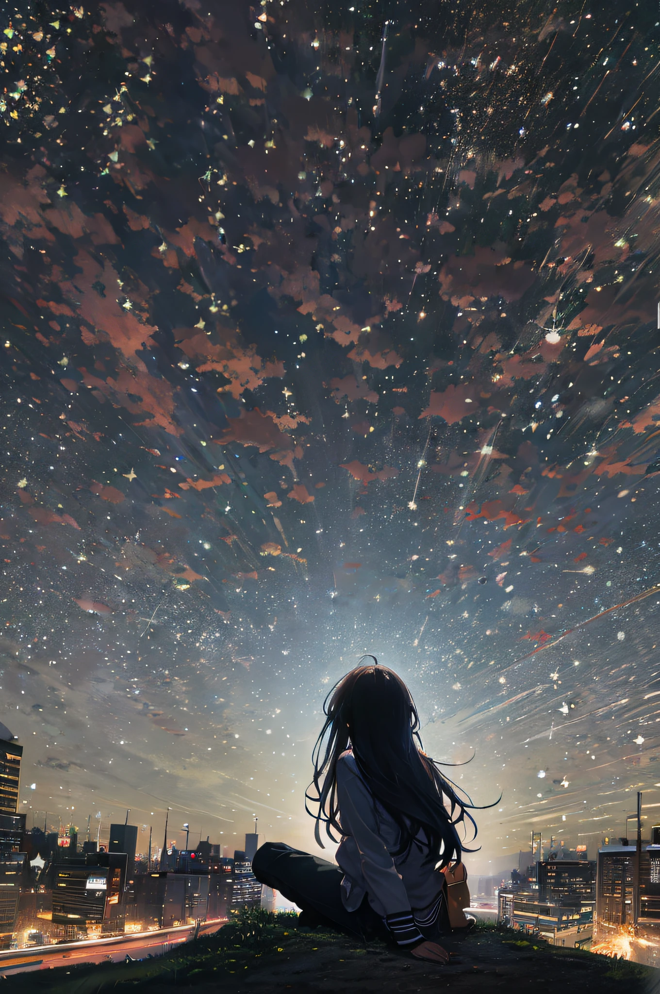octans, sky, star (sky), scenery, starry sky, night, 1girl, night sky, solo, outdoors, building, cloud, milky way, sitting, tree, long hair, city, silhouette, cityscape