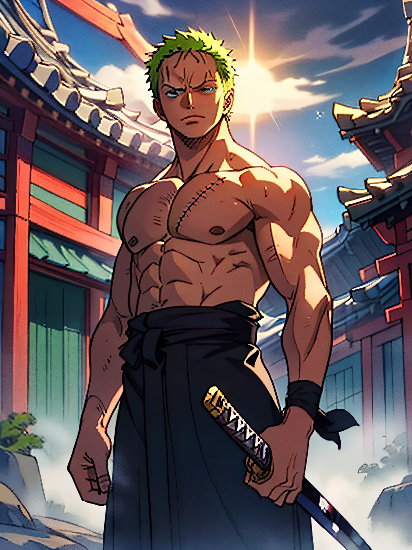 Roronoa Zoro (Masterpiece, 4k resolution, ultra-realistic, very detailed), (Theme of white samurai, charismatic, there is a swordsman next to a Japanese "isakaya" bar, wearing a blue kimono with cloud details on the "obi" track, he is commander of the first division of the leader of the mugiwara band, work "One Piece"), [ ((19 years), (short green hair:1.2),  full body, (blue eyes:1.2), ((Roronoa Zoro's pose), show of strength, unsheathing with one hand his katanas enma), ((Japanese rural environment):0.8)| (rural landscape, at dusk, dynamic lights), (blinded sun)), 1 katana]. # Explanation: Prompt mainly describes a 4k painting of ultra-high definition, very realistic, very detailed. It shows a swordsman, master of the Santoryu style of katanas, wearing a blue kimono with cloud details at the waist band. The subject in the painting is a subject of a white swordsman, holding with one hand his black katana enma, the male protagonist has short green hair, is 19 years old and his entire defined body is shown in the painting, with characteristics of pumped endomorph.