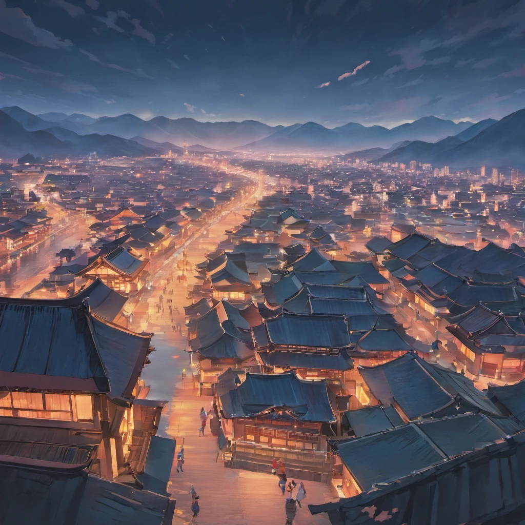 Poster with Japan buildings and mountains in the background, In the style of light teal and dark pink, Traditional animation, Trip, Layered Images, traditional, vintage images, cherryblossom