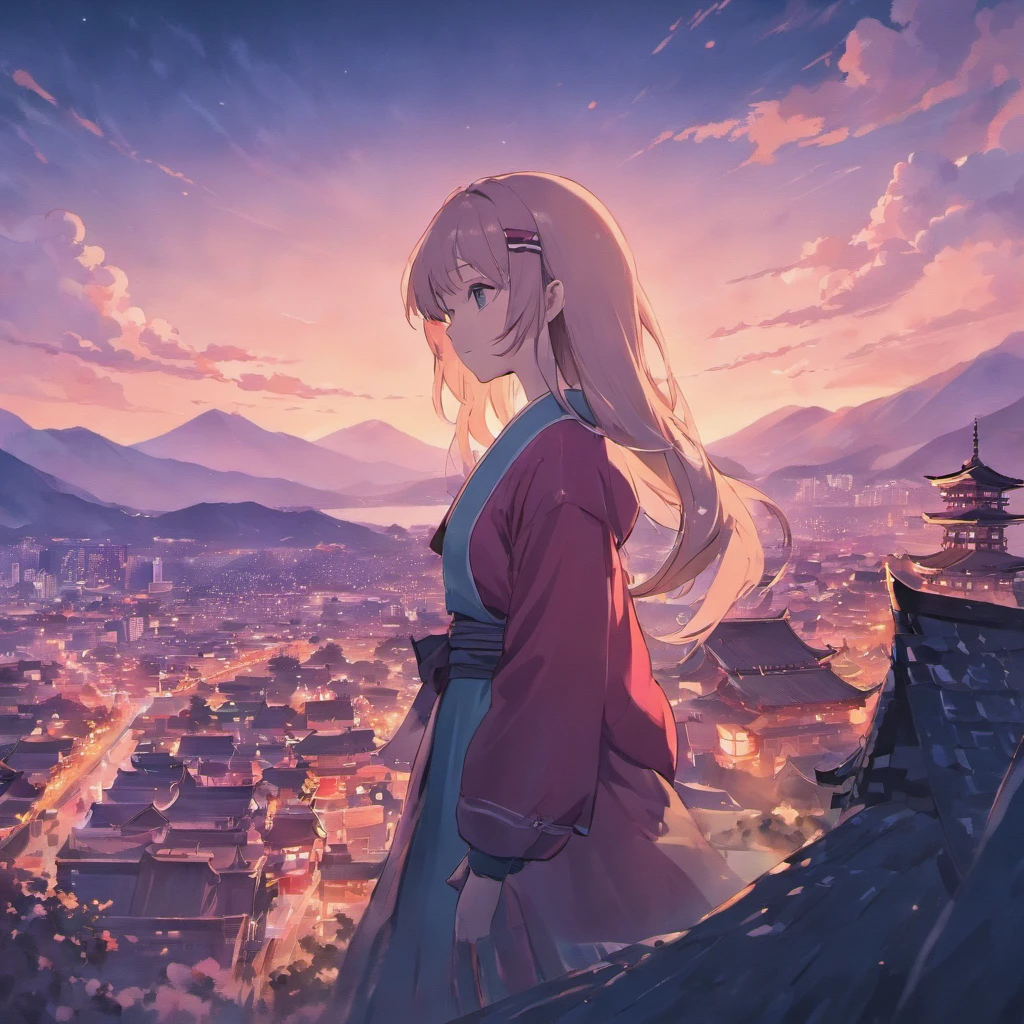Poster with Japan buildings and mountains in the background, In the style of light teal and dark pink, Traditional animation, Trip, Layered Images, traditional, vintage images, cherryblossom
