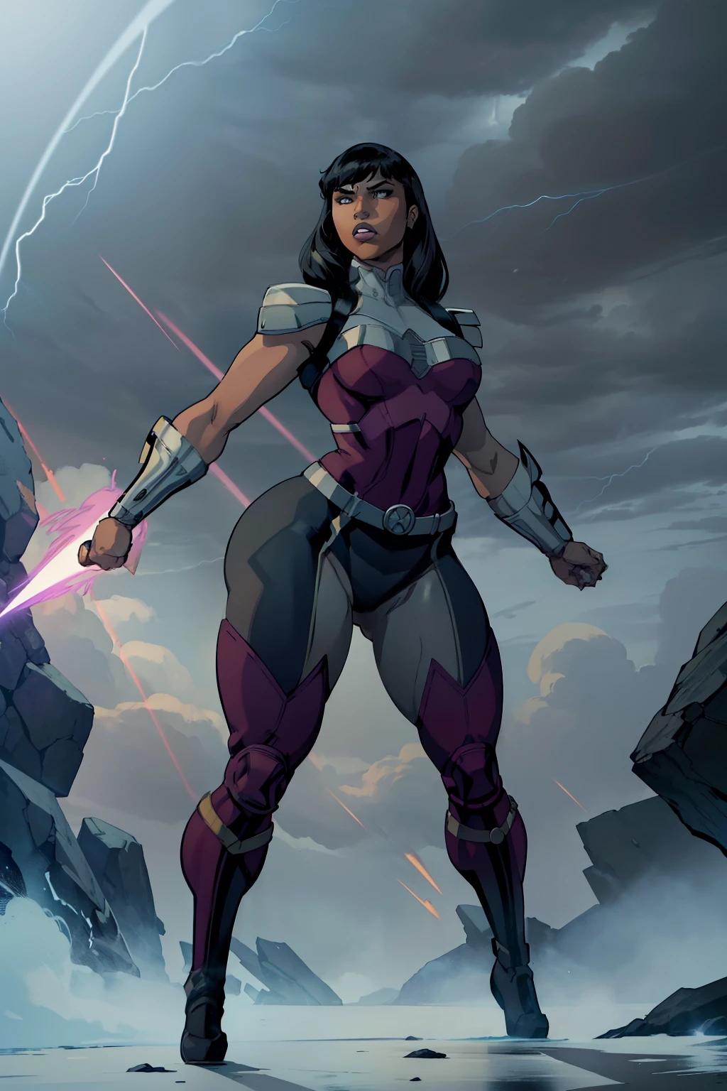 (masterpiece), (best quality), ((Nicki Minaj)), makeup, (brown skinned female), (thick thighs), ((small breasts:1:1)), ((wide waist)), hair with bangs, ((storm from x-men outfit)), ((grey background)), contoured