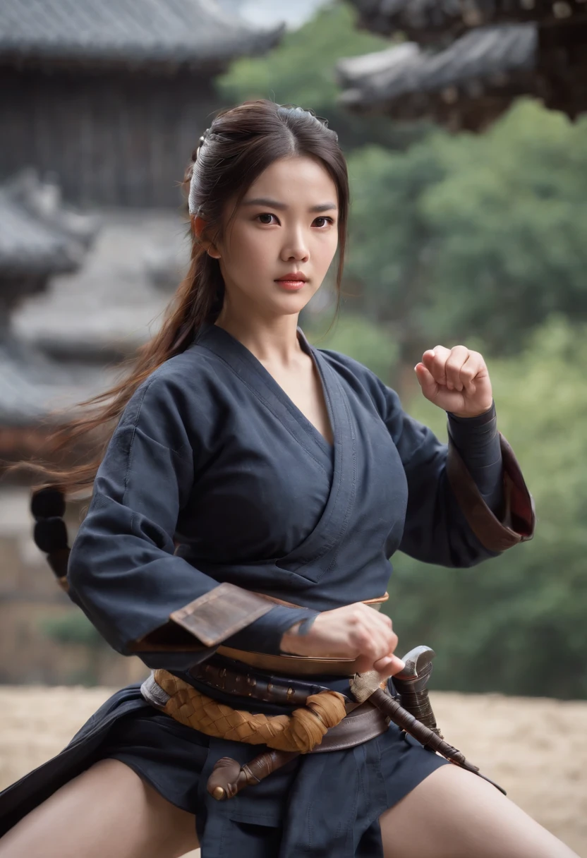 (masterpiece, best quality),
battōjutsuswing, (holding weapen:1.3),fighting stance,
1girl, battoujutsu stance, spread legs, samurai, iaidou, cowboy shot, looking at viewer,
break girl, japanese clothes, black hakama, black hair, high ponytail, long hair, yellow eyes, medium breasts, chest sarashi,
break background, edo , castle