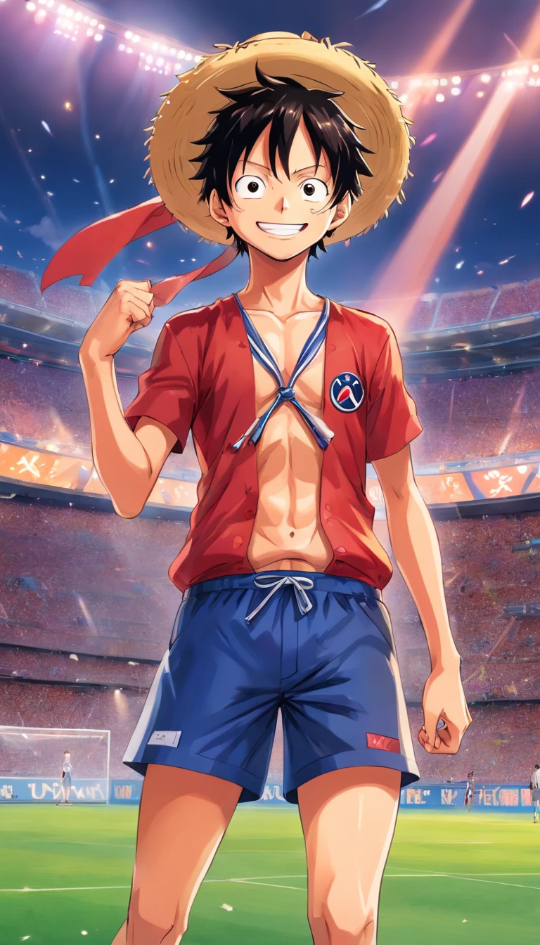 "《One Piece》Luffy wears a Paris Saint-Germain 9dek outfit, Stand in the stadium, facing camera, hand up，Smiles."
