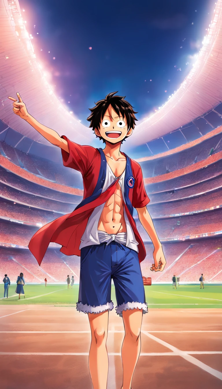 "《One Piece》Luffy wears a Paris Saint-Germain 9dek outfit, Stand in the stadium, facing camera, hand up,Smiles."